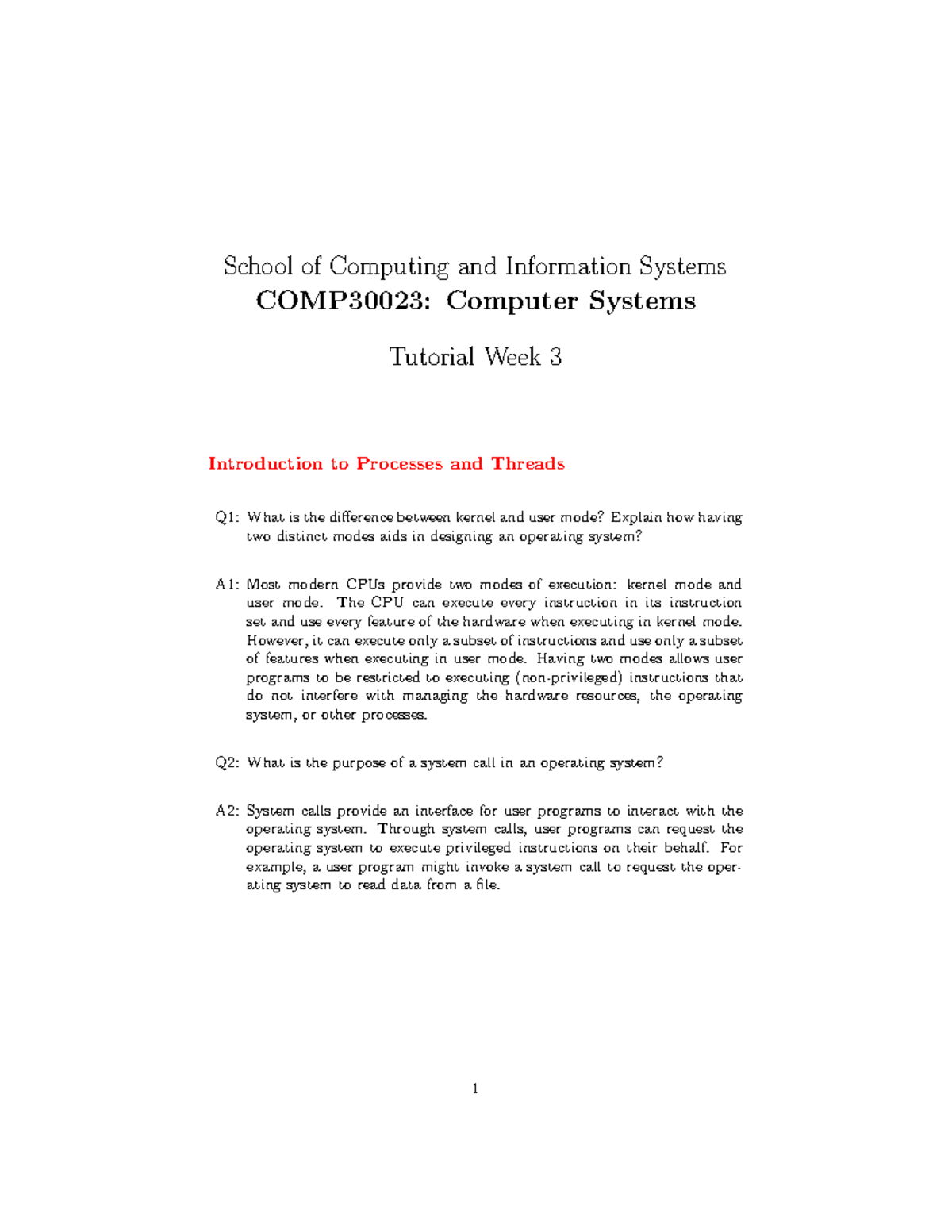 Tutorial 3 introduction to processes and threads solutions - School of ...