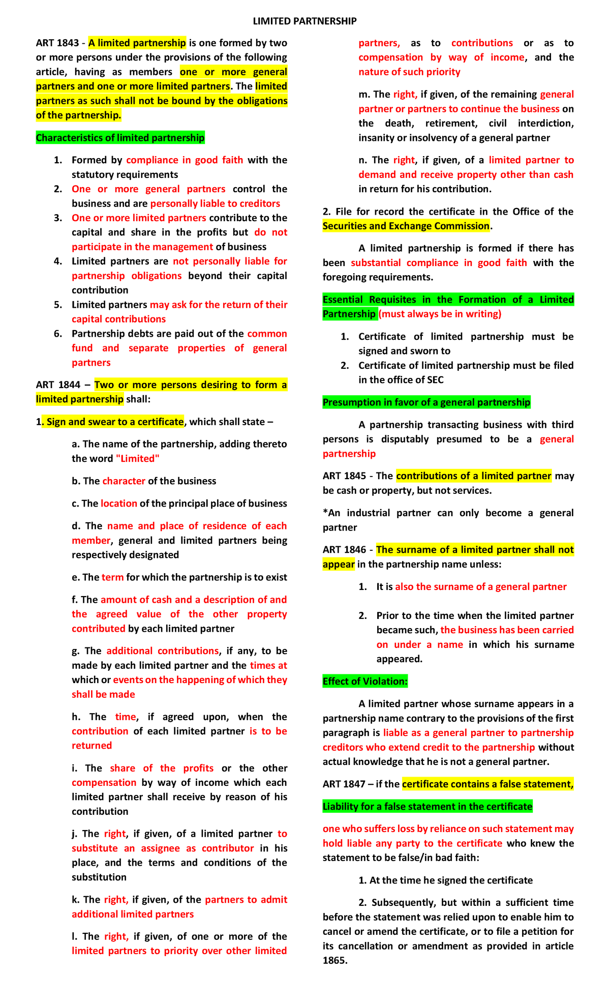 Chapter 4 - Summary of limited partnership - ART 1843 - A limited ...