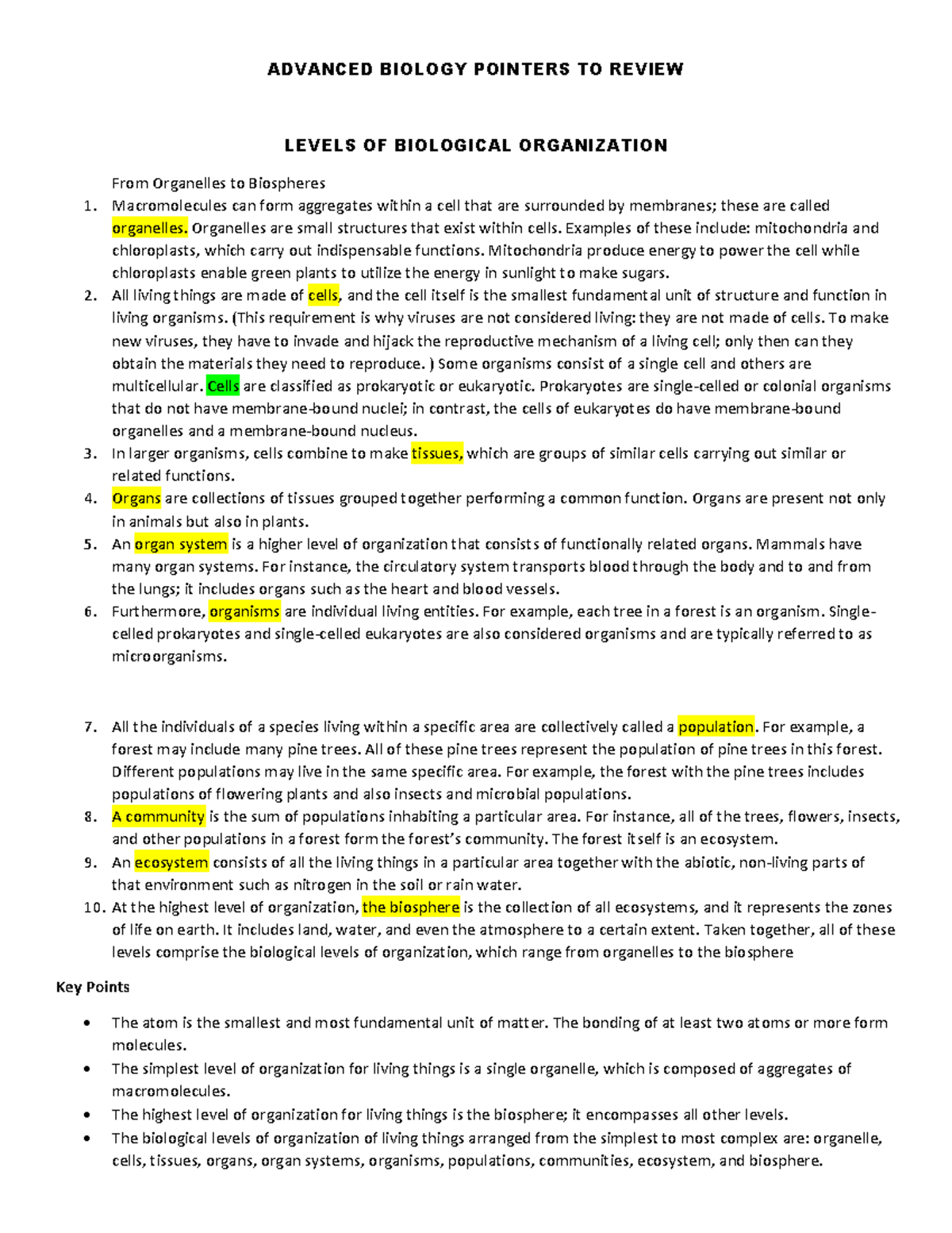 Advanced Biology Pointers TO Review - ADVANCED BIOLOGY POINTERS TO ...