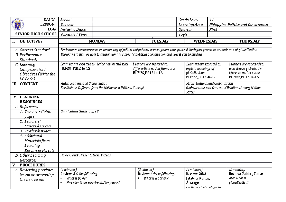 DLP PPG Q1 W5 - Detailed Lesson Plan - DAILY LESSON LOG SENIOR HIGH ...