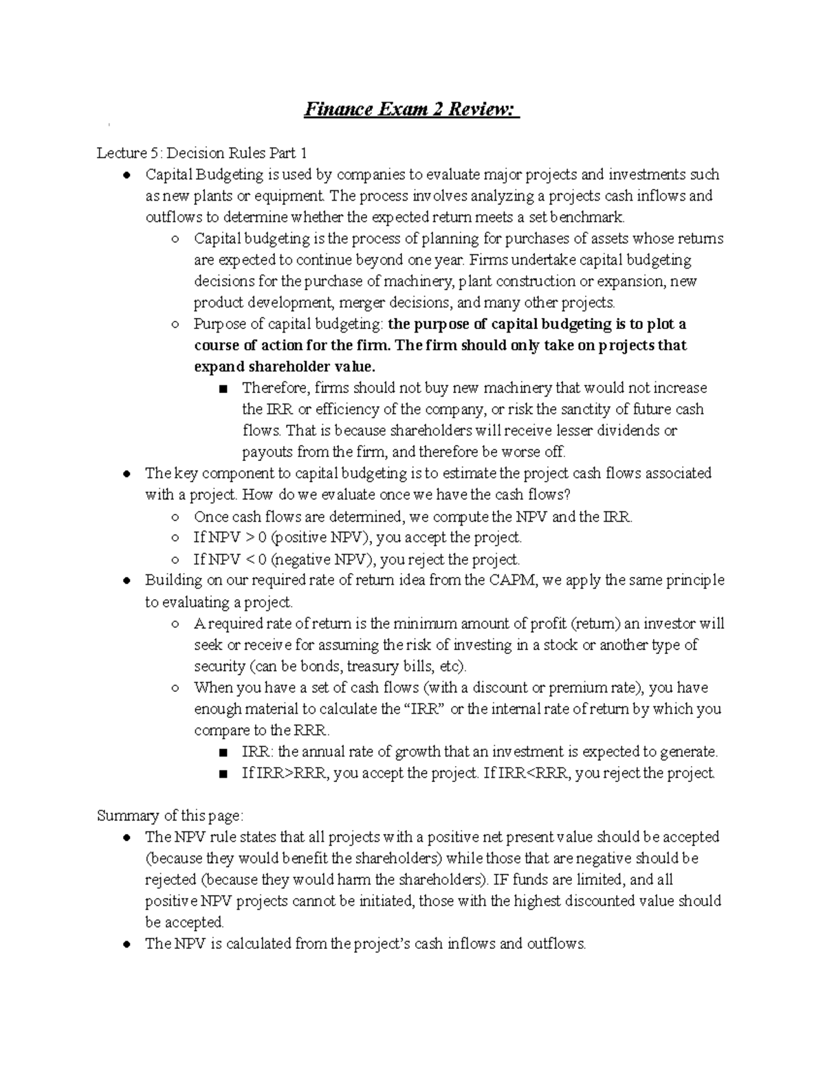 FINA3000 Running Notes for Exam 2 Finance Exam 2 Review Lecture 5
