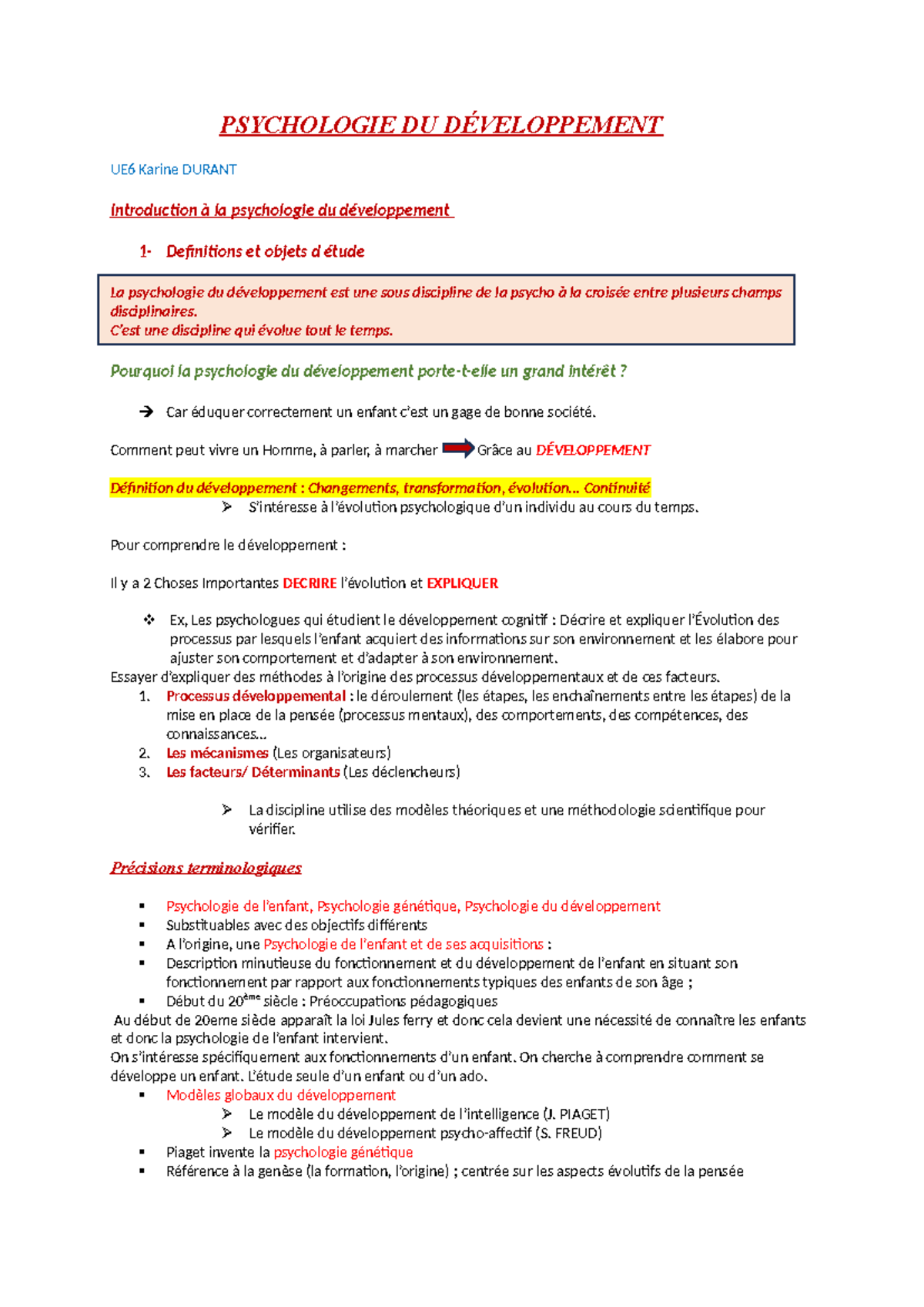 CM 1 psycho dvp - PSYCHOLOGIE DU DÉVELOPPEMENT UE6 Karine DURANT ...