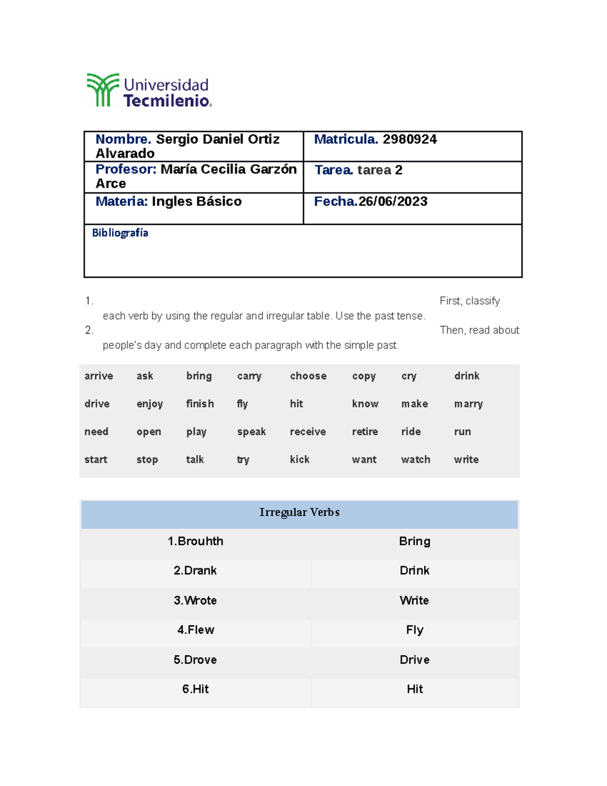 Tarea 2 ingles Basico - Nombre. Sergio Daniel Ortiz Alvarado Matricula ...