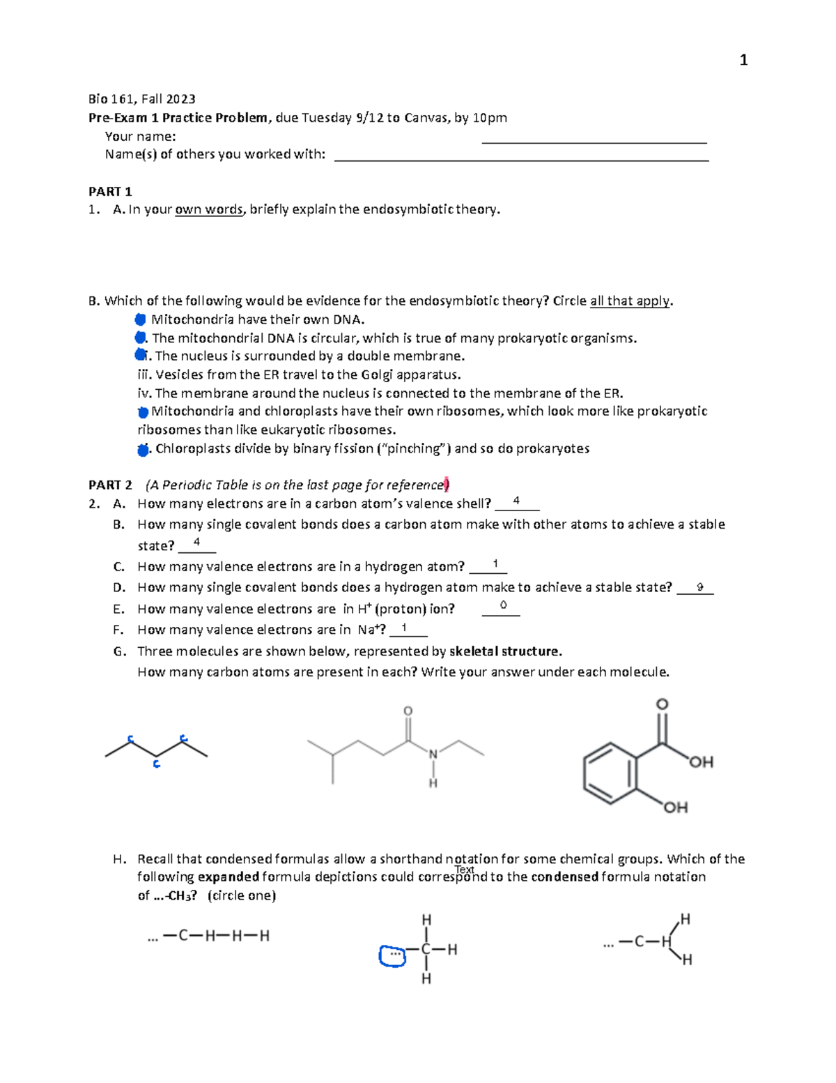 Bio practicree problems - Bio 161, Fall 2023 Pre-Exam 1 Practice ...