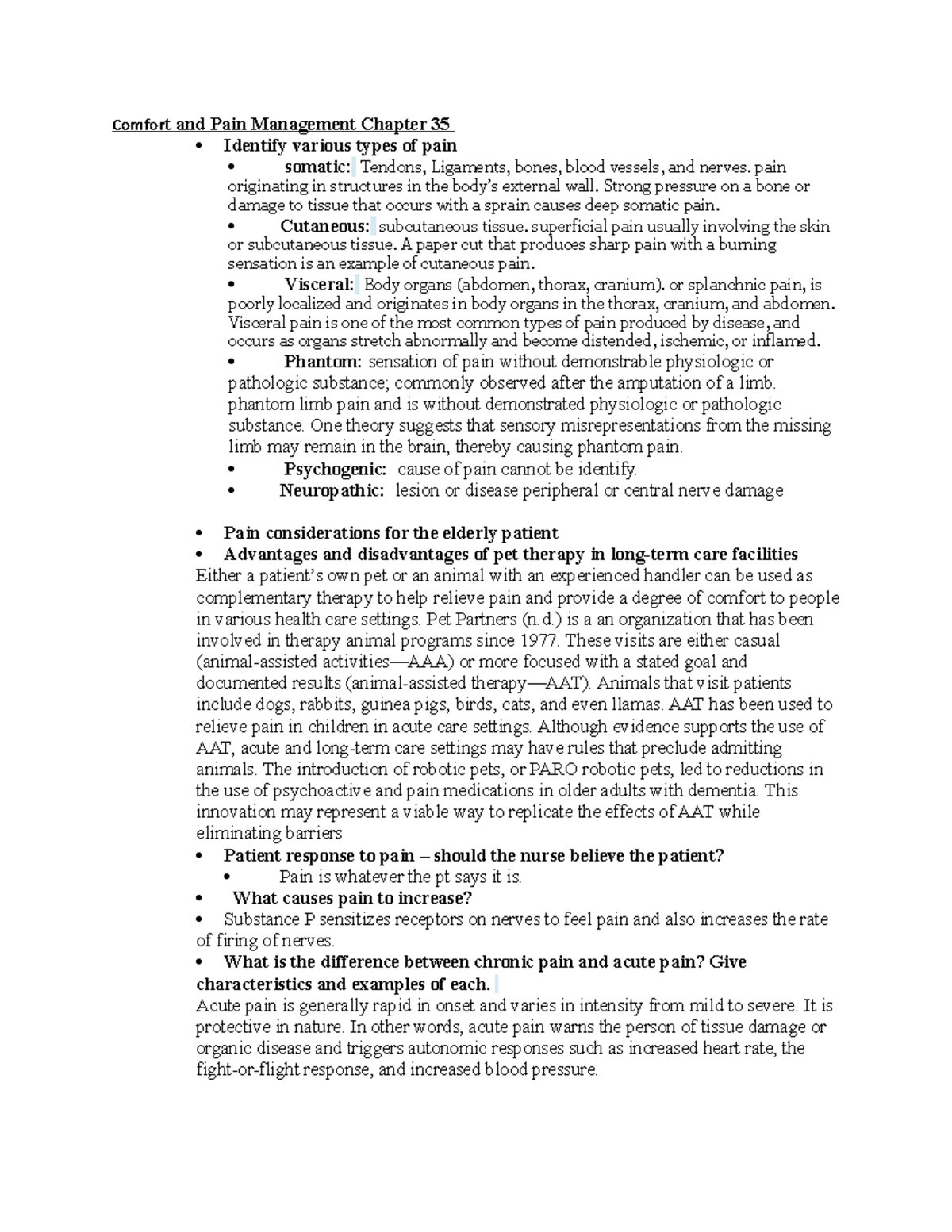 Exam 3 Fundamentals Review - Comfor t and Pain Management Chapter 35 ...
