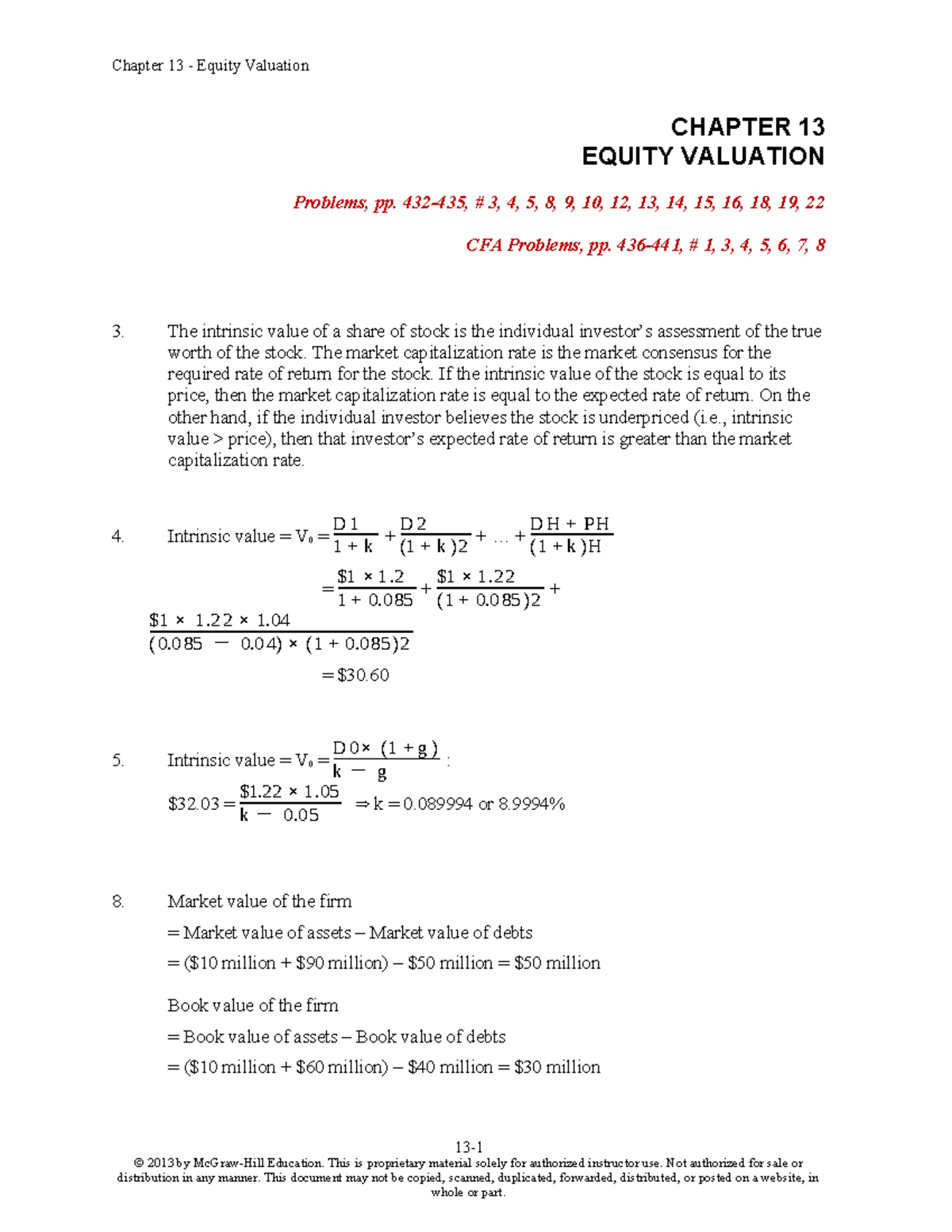 Ch. 13 HW Answers - notes - CHAPTER 13 EQUITY VALUATION Problems, pp ...