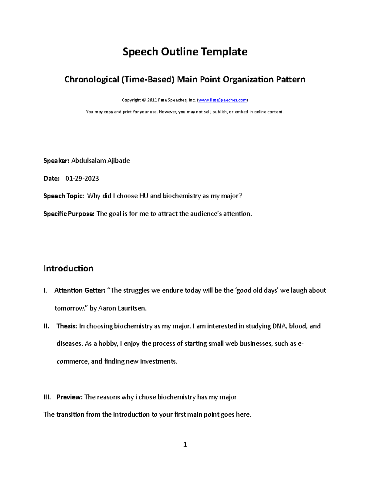 Class Notes Speech Outline Template (Chronological) - Speech Outline ...