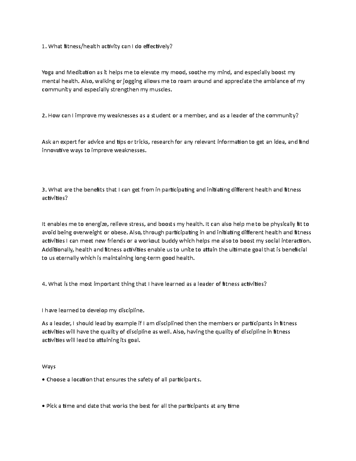 Hope practice questions What fitness/health activity can I do