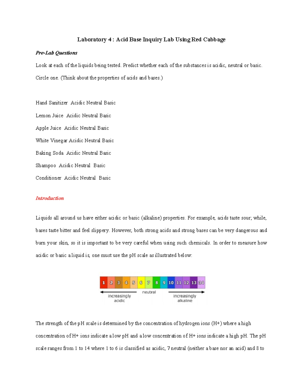 Laboratory 4 Acid Base Inquiry Lab Using Red Cabbage Laboratory 4 Acid Base Inquiry Lab