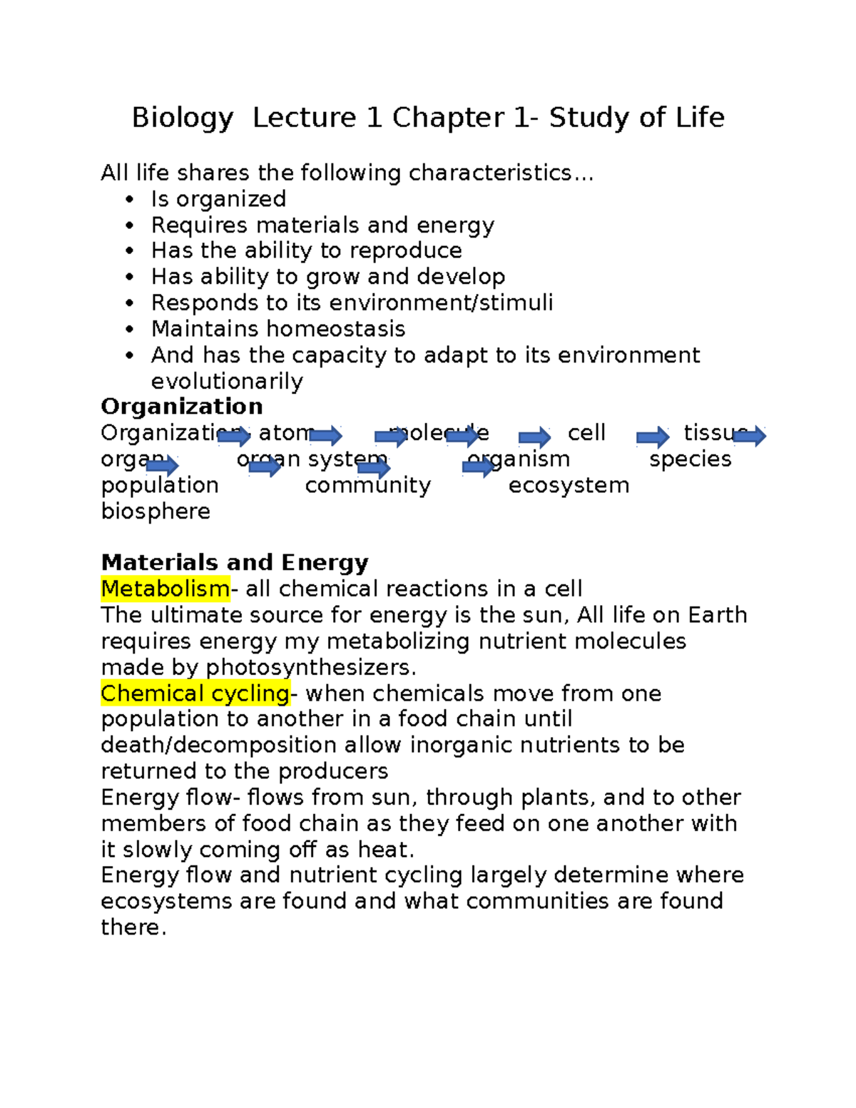 Biology Lecture Chapter 1- Study Of Life - .. Is Organized Requires ...