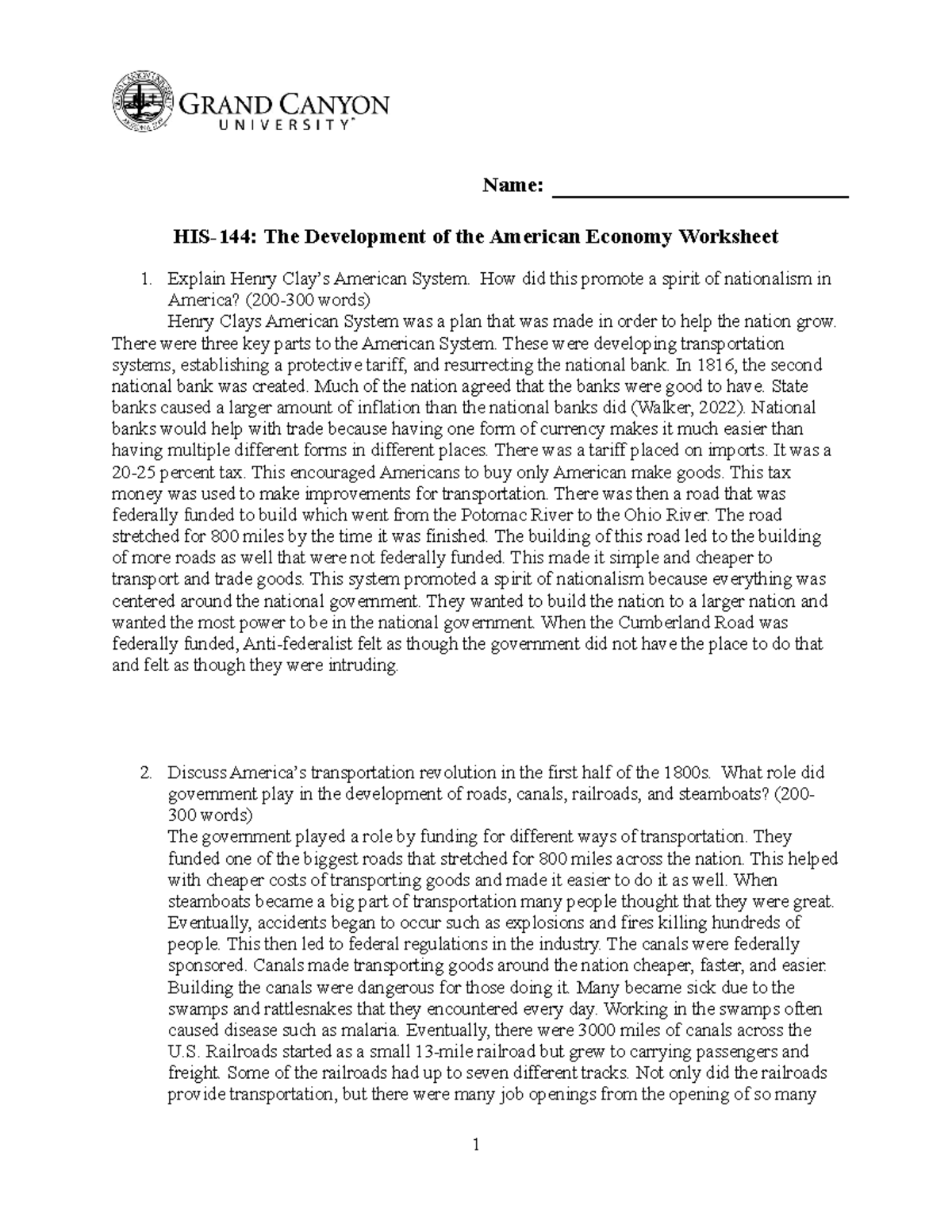 The Development of the American Economy Worksheet - How did this ...