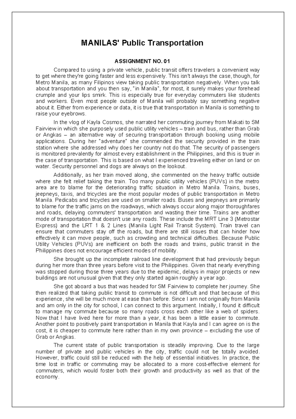 Transpo-Assignment 1 - MANILAS' Public Transportation - MANILAS' Public ...