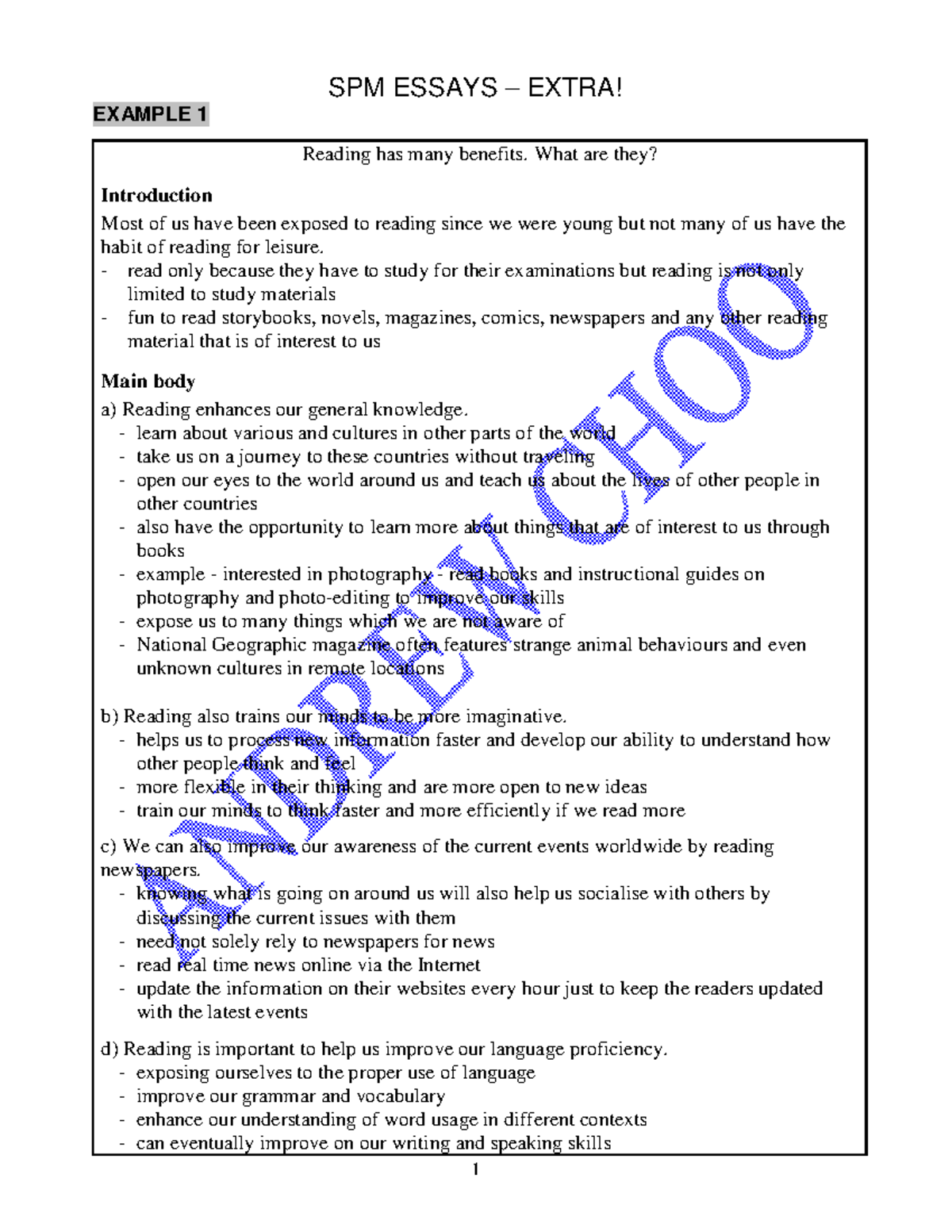 Extra- Essays - SPM ESSAYS – EXTRA! EXAMPLE 1 Reading has many benefits ...