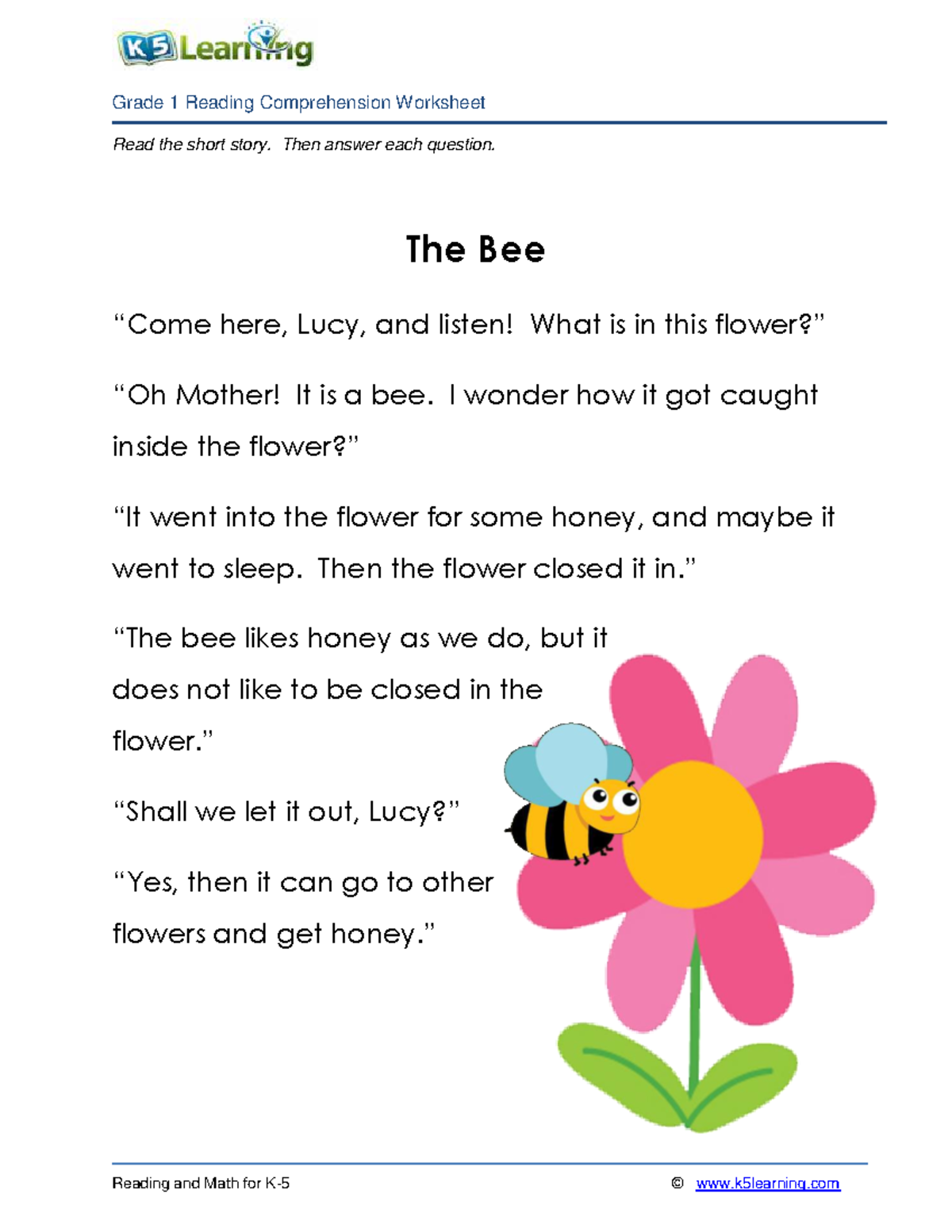 Grade 1 story bee - Grade 1 Reading Comprehension Worksheet Reading and ...