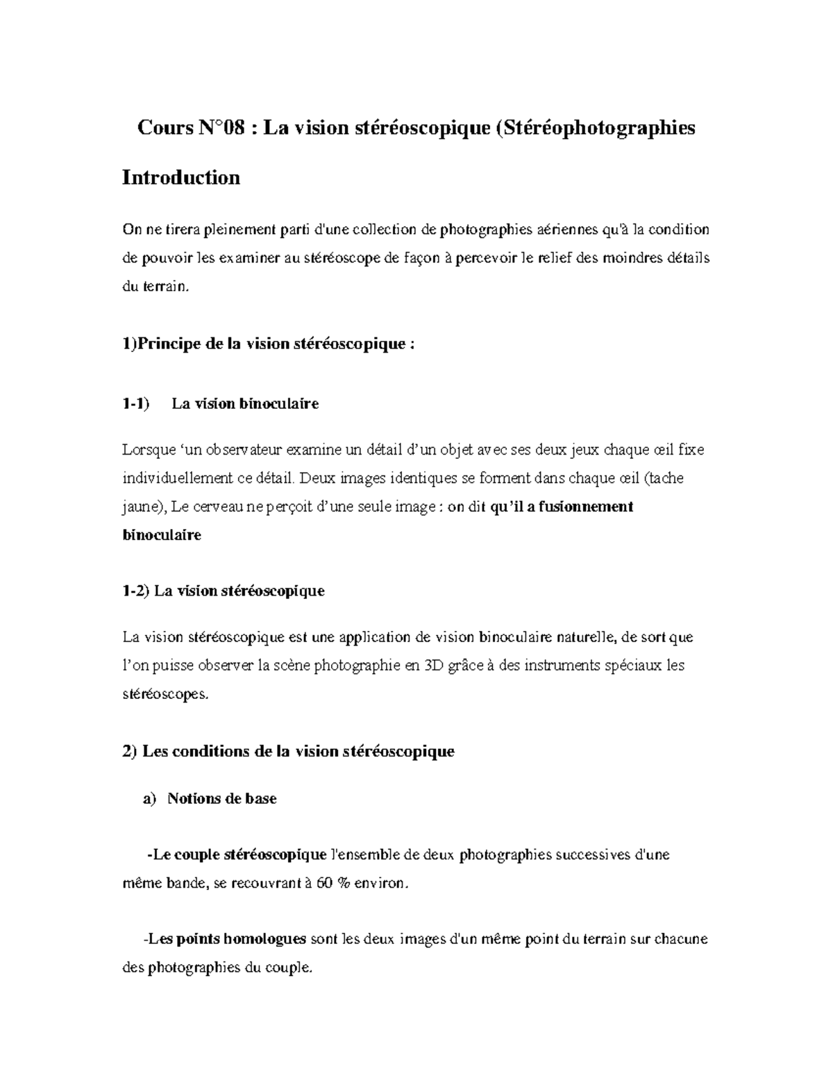 Cours n8 biss 01 Cours N°08 La vision stéréoscopique