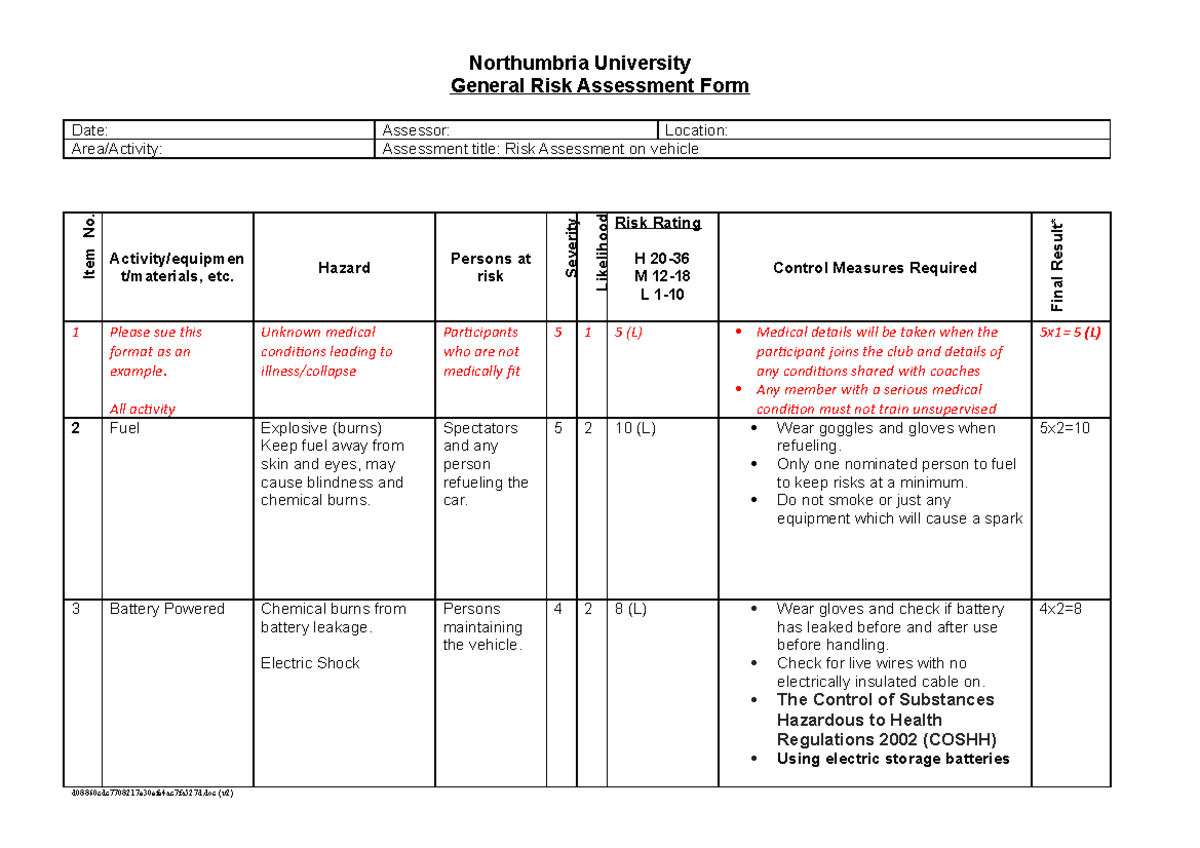 Risk Assessment - N/a - Northumbria University General Risk Assessment ...