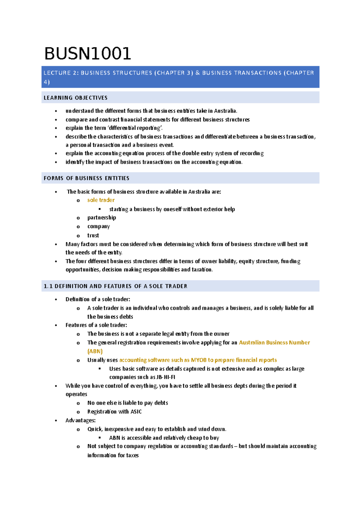 BUSN1001- Chapter 3 - Lecture Notes 3 - BUSN LECTURE 2: BUSINESS ...