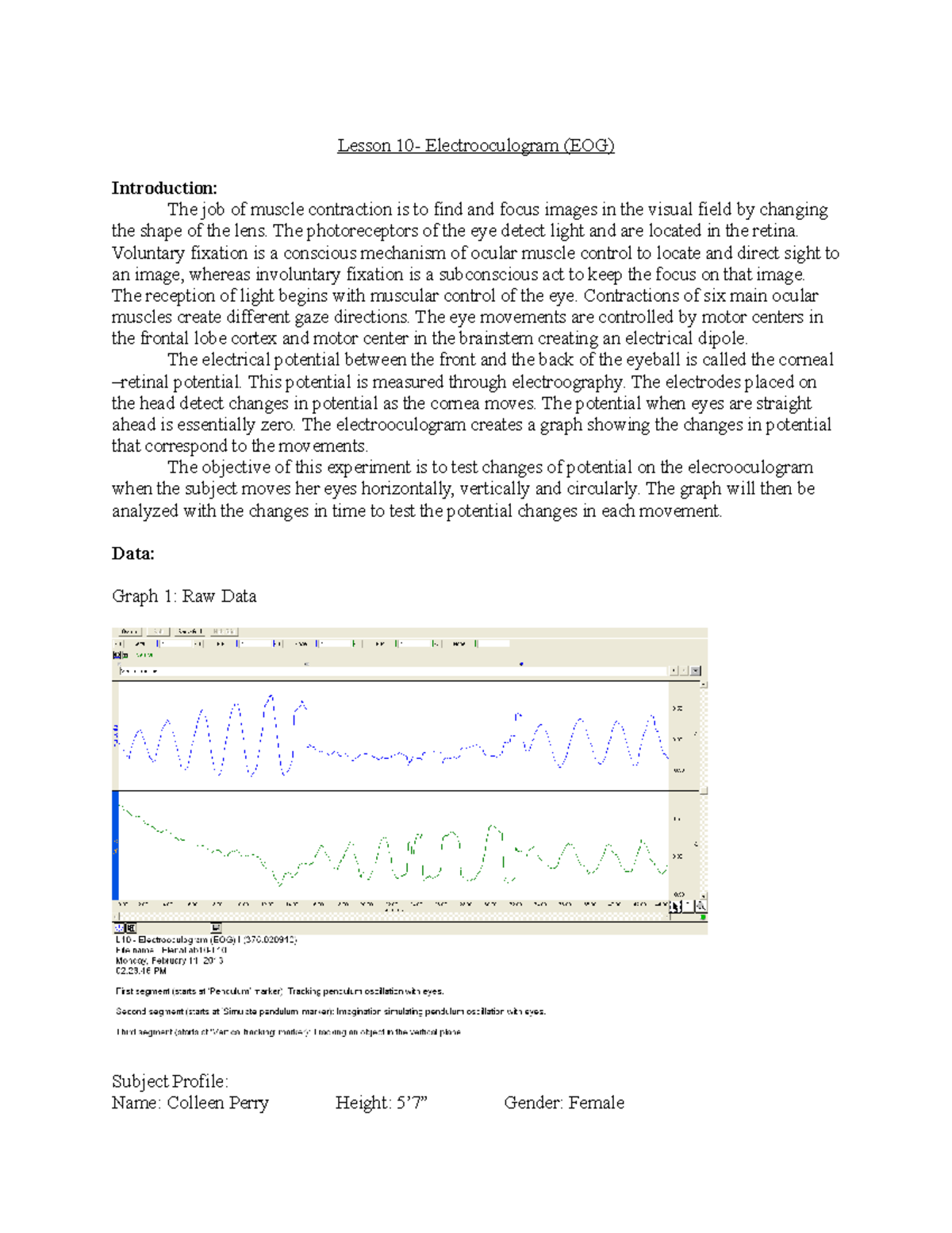 BIOE 210 Lab 4 - BIOE 210 Lab 4 - Lesson 10- Electrooculogram (EOG ...