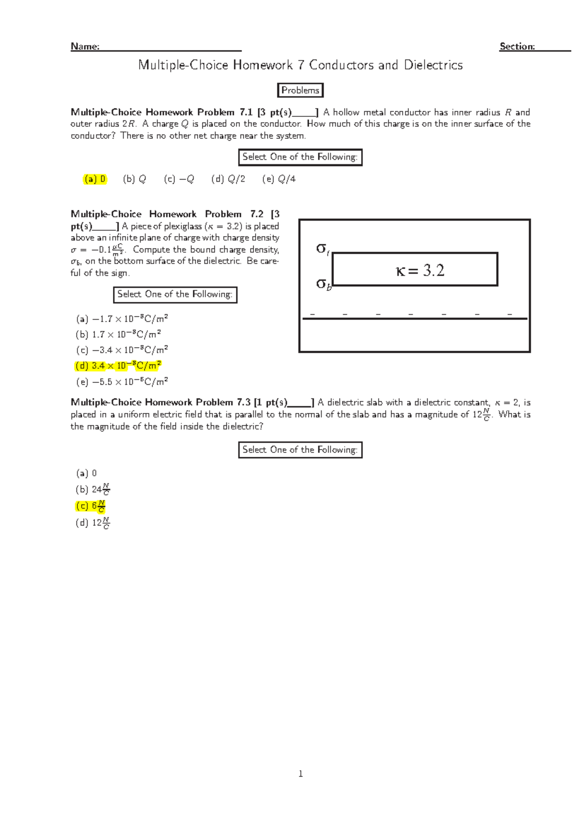 MCHomework 8 - homework - Name: Section: Multiple-Choice Homework 7 ...