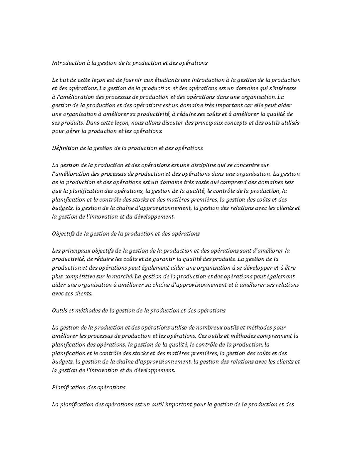 Production and Operations Management note study - Introduction à la ...