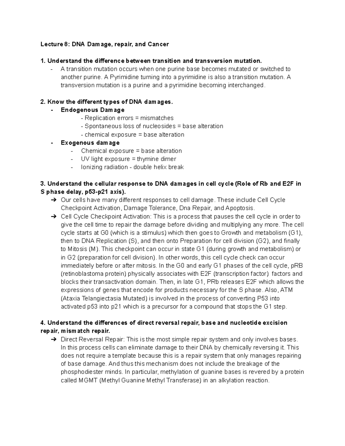 UIUC MCB 450 Learning Objectives Lecture 8 DNA Damage, Repair, And ...