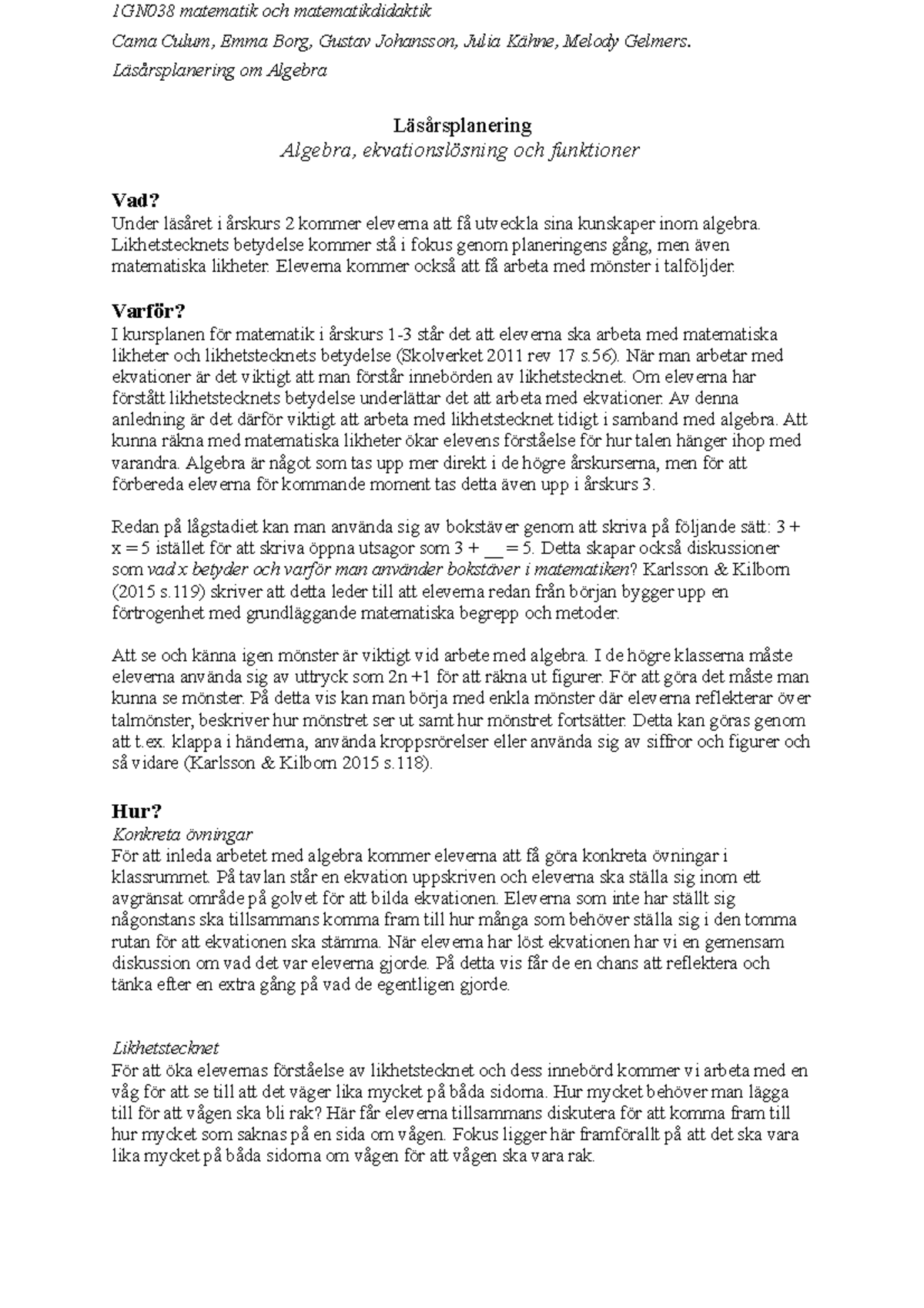 S3 - Läsårsplanering Algebra - 1GN038 Matematik Och Matematikdidaktik ...