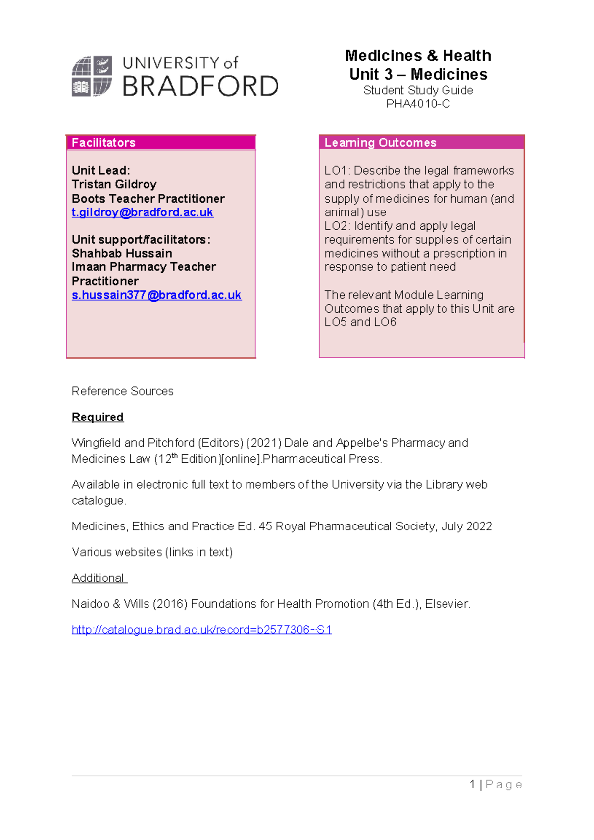 Study+Guide+Unit+3+Medicines+22-23 - Facilitators Learning Outcomes ...