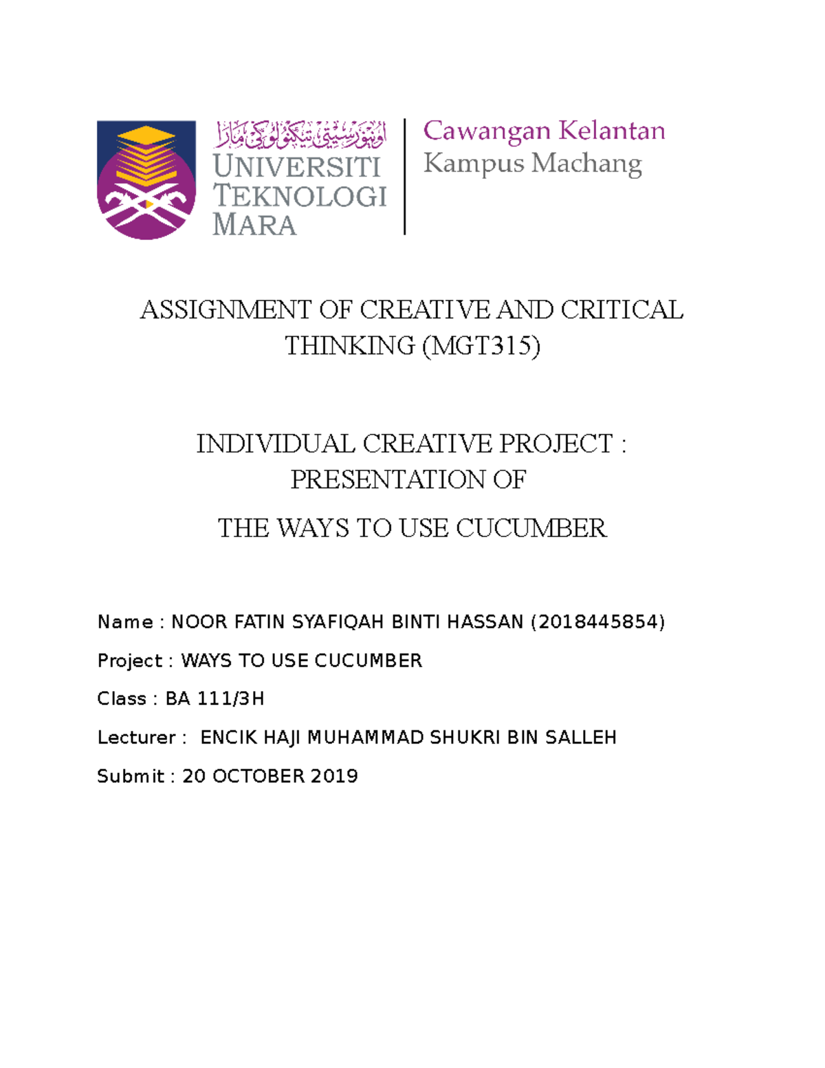 Ind. Creative. Project Cucumber - ASSIGNMENT OF CREATIVE AND CRITICAL ...
