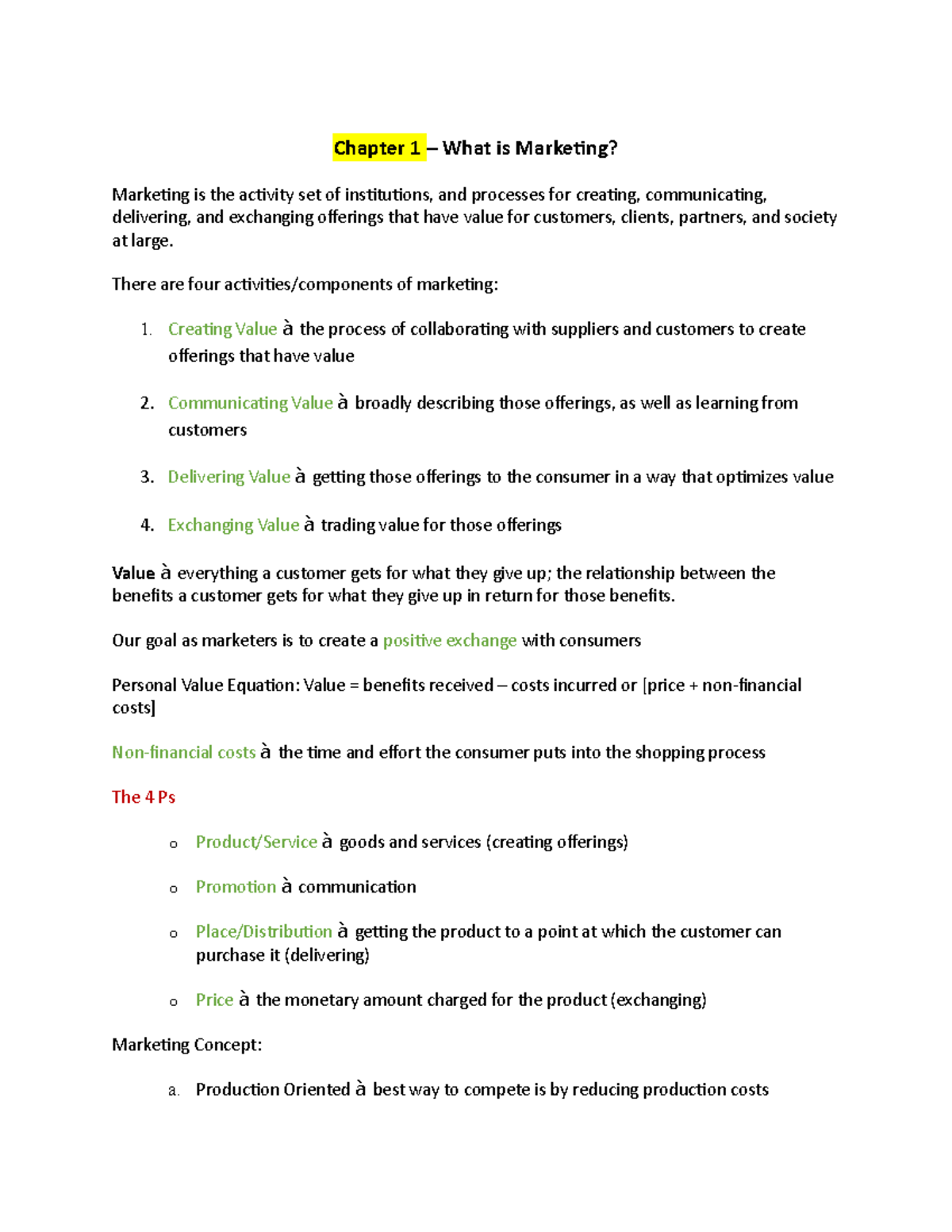 MKT 100 notes - answers - Chapter 1 – What is Marketing? Marketing is ...