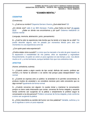 Base De Preguntas Para Examen Mental Nombre Bautista Lujan Yudith Serrano Viveros Dayanira Asignatura Salud Mental Docente Psic Ariadna Matamoros Becerra Fecha Studocu