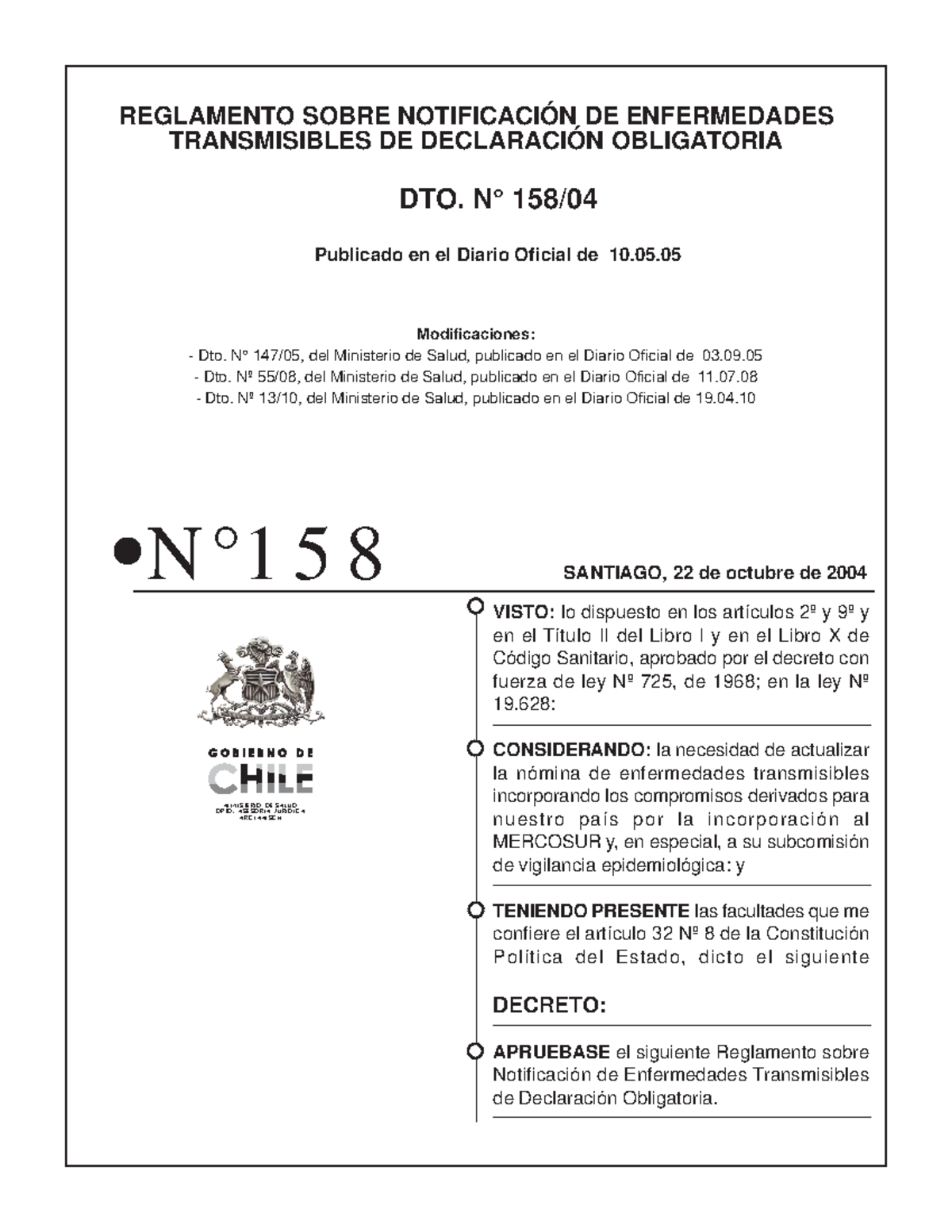 Decreto 158 Enfermedades de Notificación Obligatoria - REGLAMENTO SOBRE ...