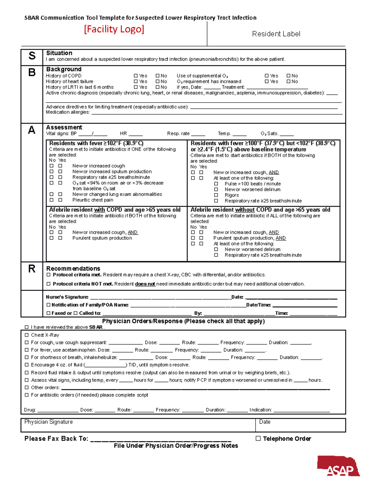 SBAR communication tool template for suspected lower respiratory tract ...