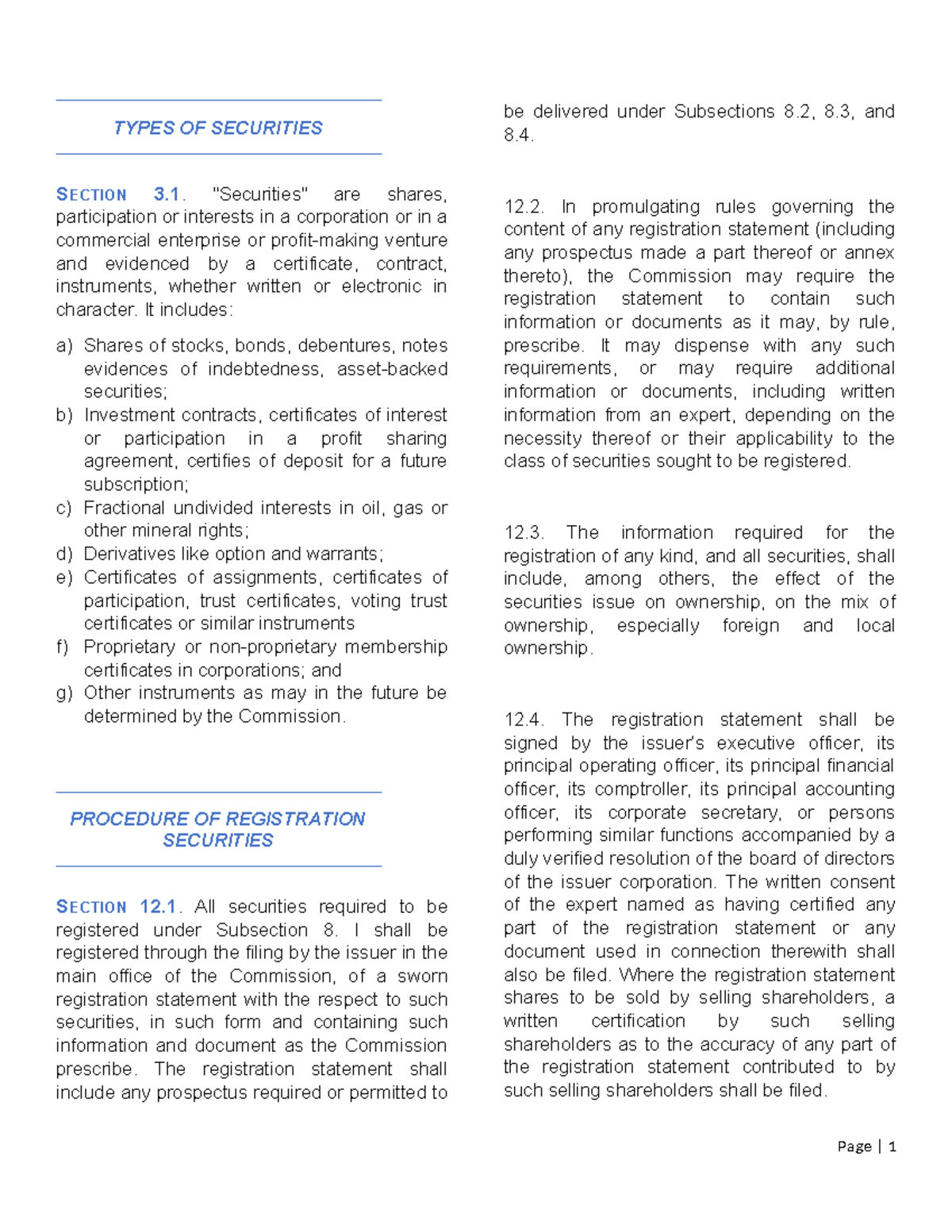 Types OF Securities - TYPES OF SECURITIES SECTION 3. 