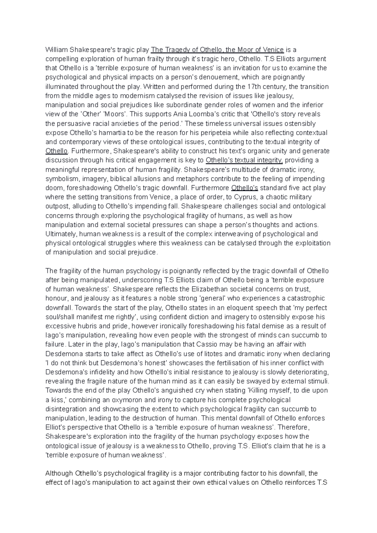 Othello year 11 Mod B essay - William Shakespeare's tragic play The ...