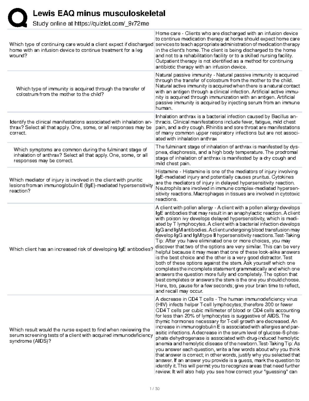 Lewis EAQ minus musculoskeletal - Study online at quizlet/_9r72me Which ...