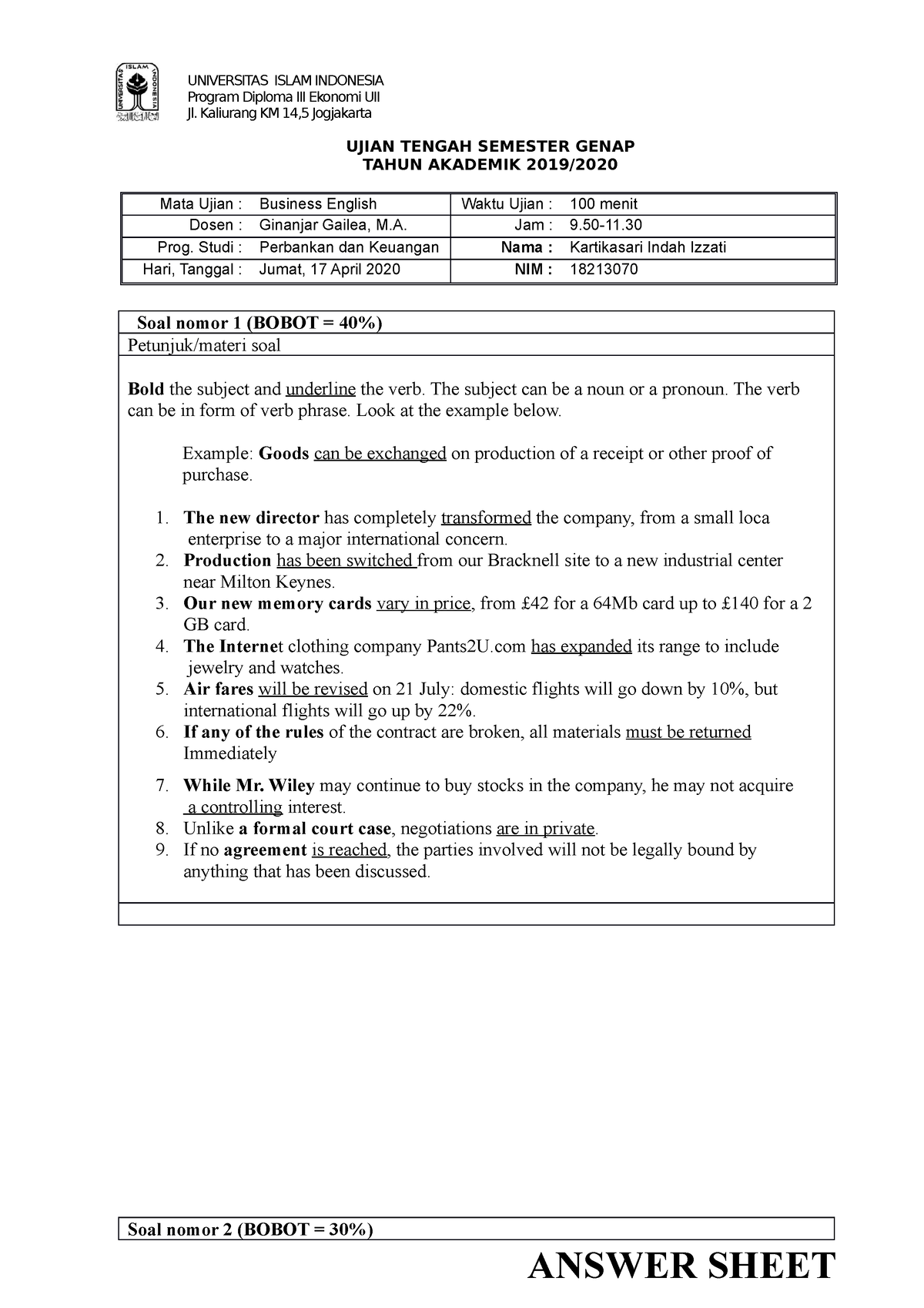 Answer Sheet B KArtika - UNIVERSITAS ISLAM INDONESIA Program Diploma ...