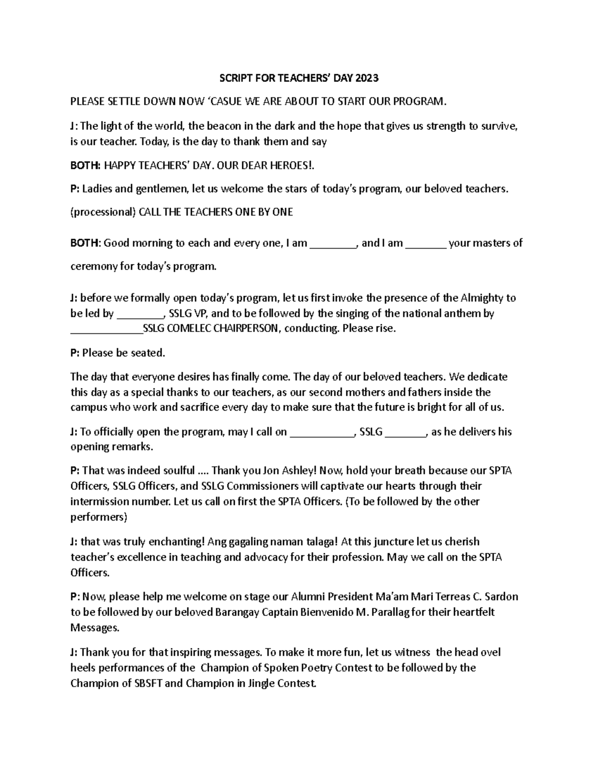 Script-for-teachers - Dear teachers, your are like angels of God who ...