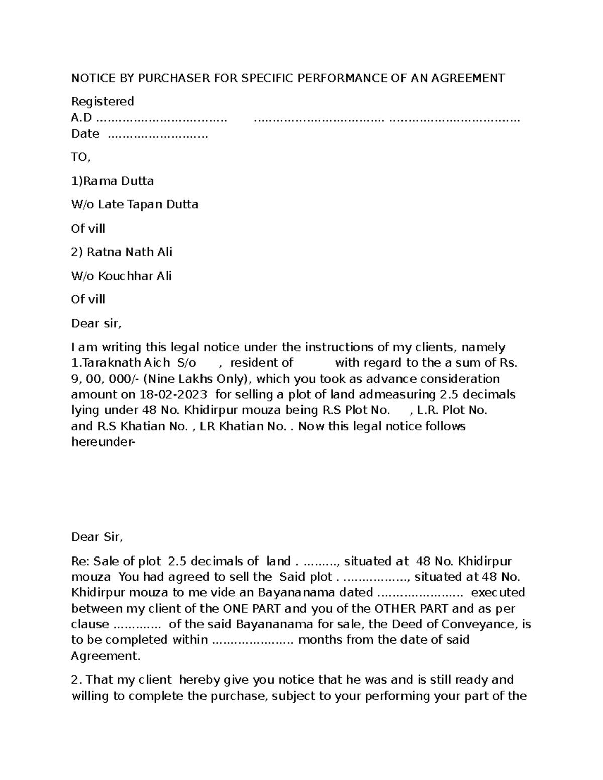 Notice BY Purchaser FOR Specific Performance OF AN Agreement - NOTICE ...