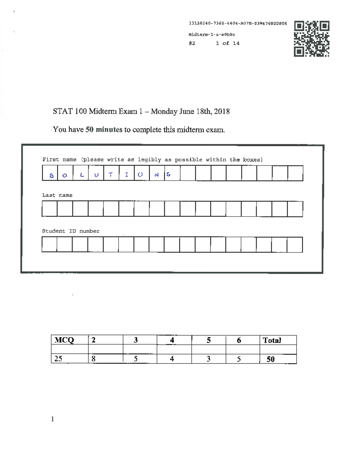 Midterm Exam 1, Version A Solutions - 13128240-7360-4404-A07E ...