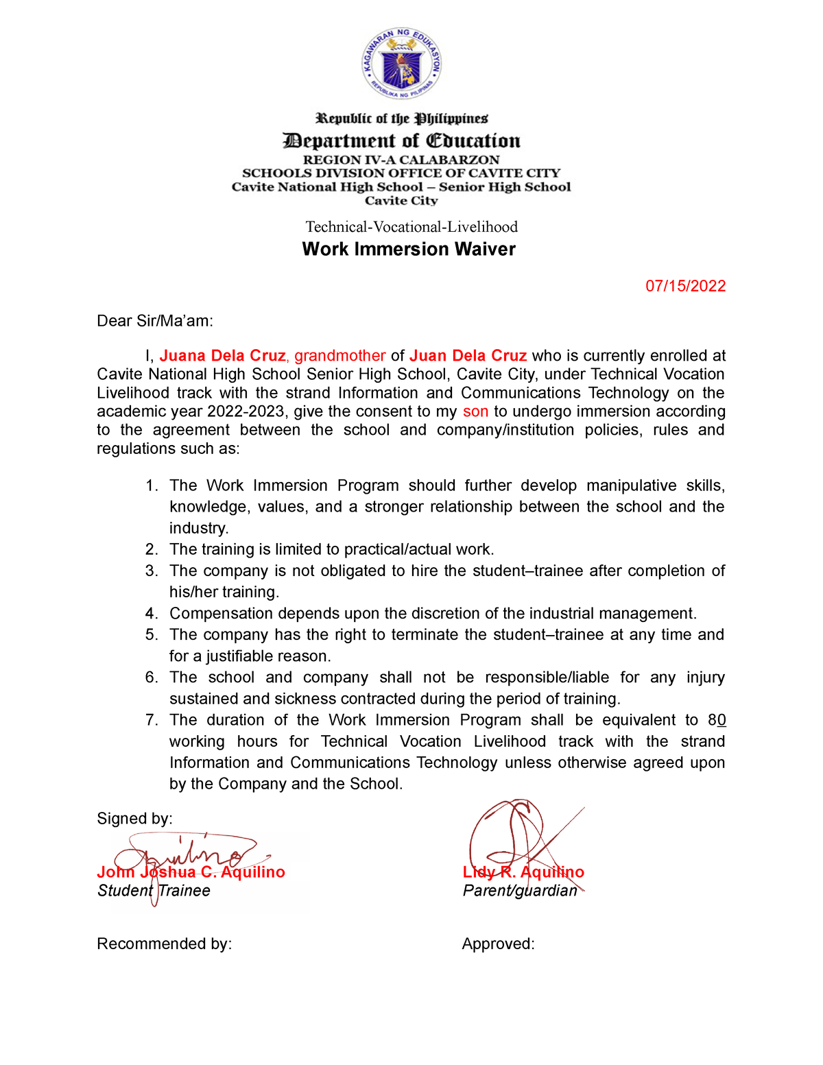 Waiver 2 - Technical-Vocational-Livelihood Work Immersion Waiver 07/15 ...