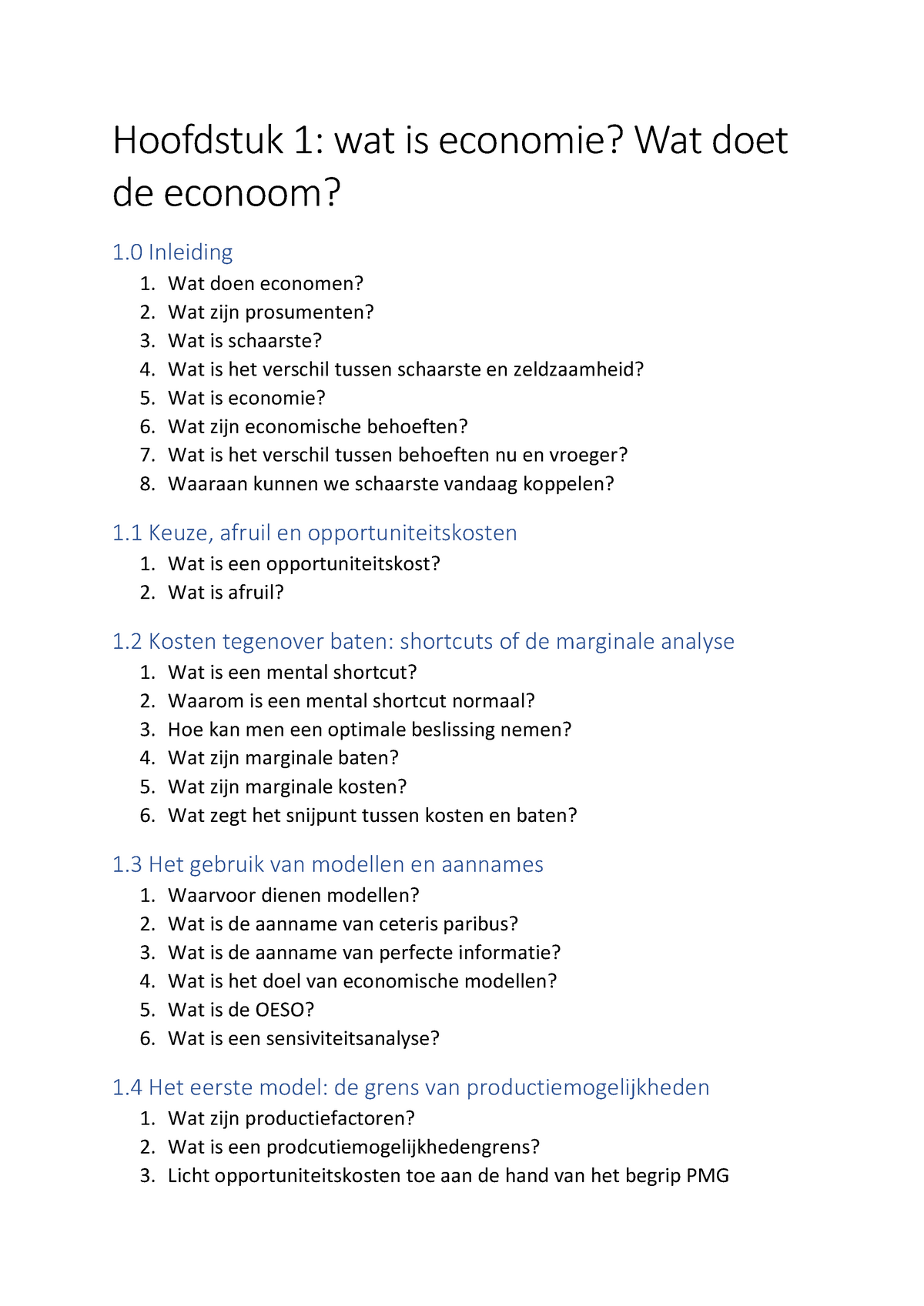 Economie - Hoofdstuk 1 - Vragenlijst - Hoofdstuk 1: Wat Is Economie ...