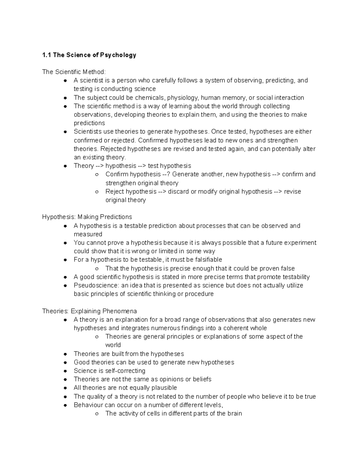 Chapter 1 Notes - 1 The Science of Psychology The Scientific Method: A ...