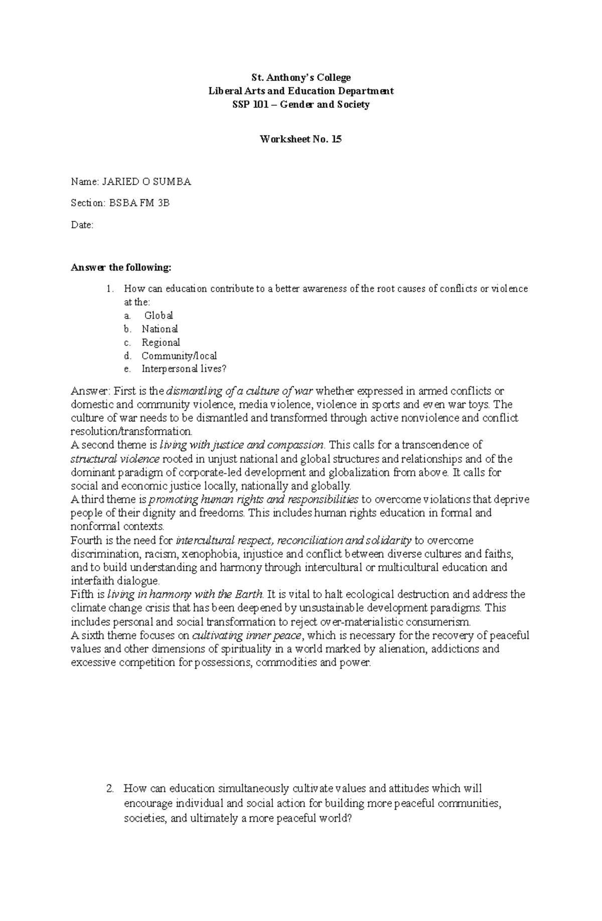 (15) Worksheet - nalysis can be expanded to encompass the analysis of ...