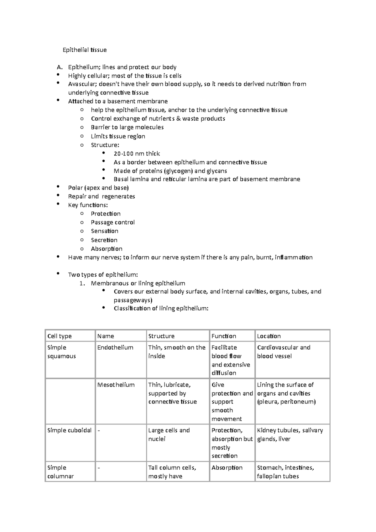 Hapia Lecture 2.1 epithelial tissue - Epithelial tissue A. Epithelium ...