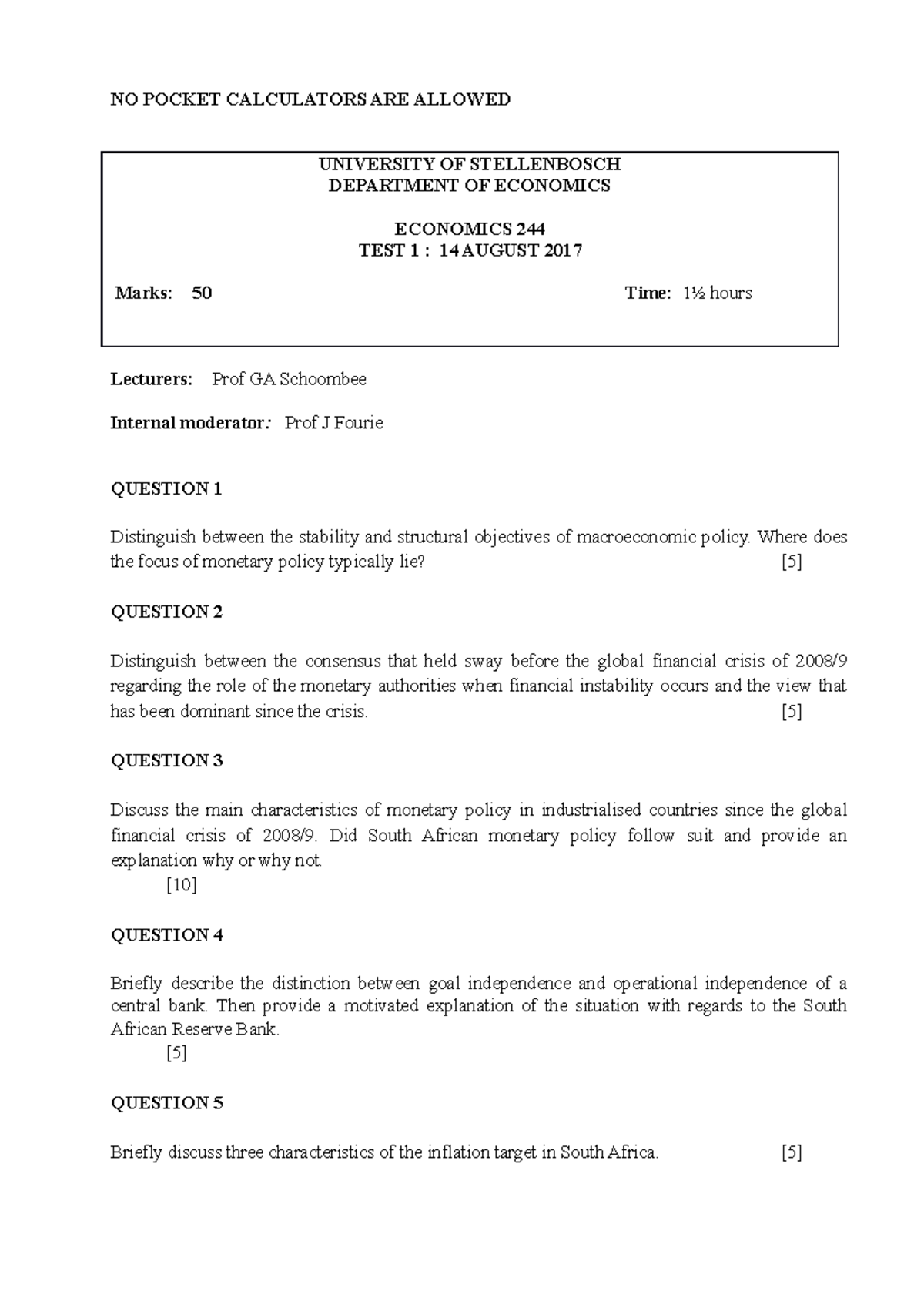 Test 1 14 2017, questions and answers NO POCKET CALCULATORS ARE