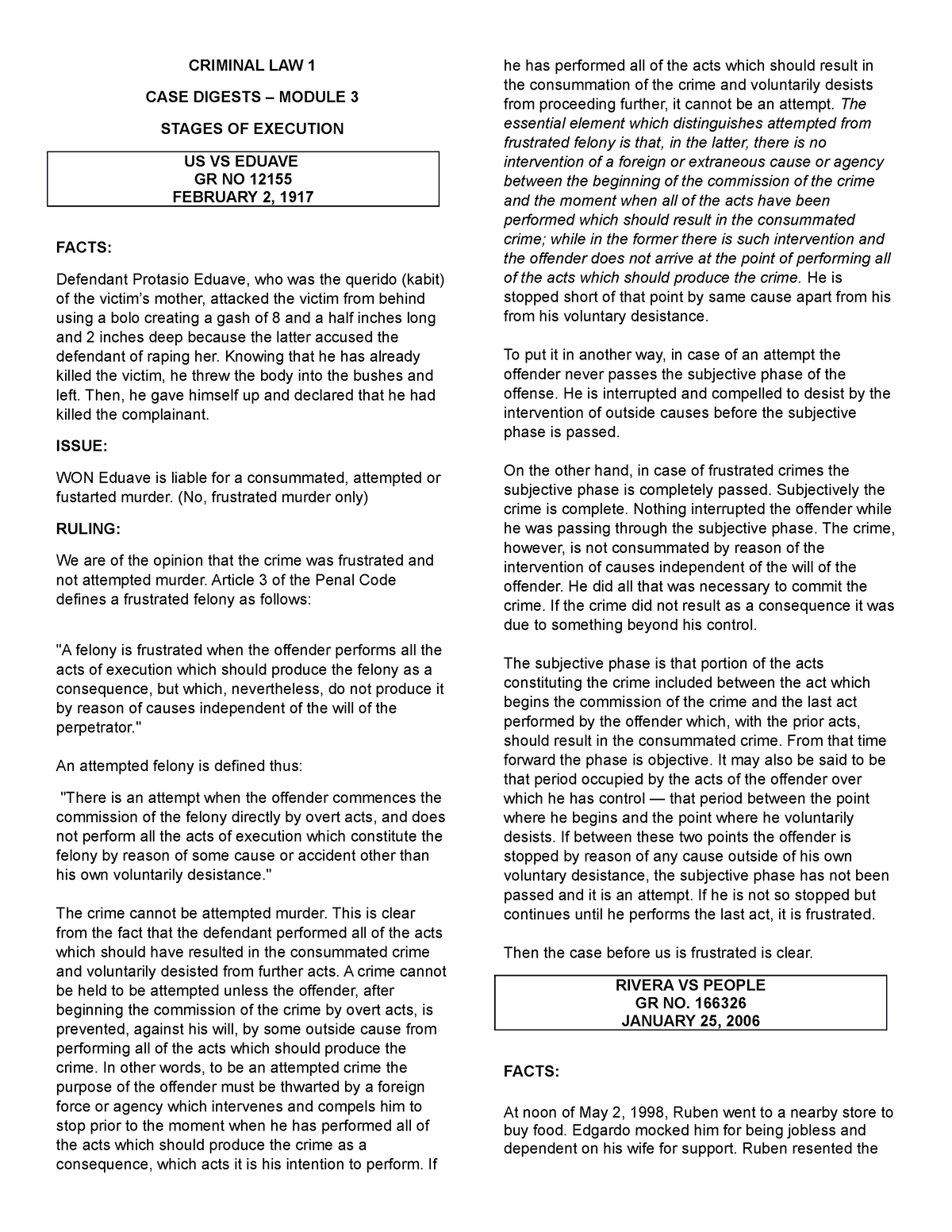 CRIM1 CASE Digests - Module 3 - CRIMINAL LAW 1 CASE DIGESTS – MODULE 3 ...