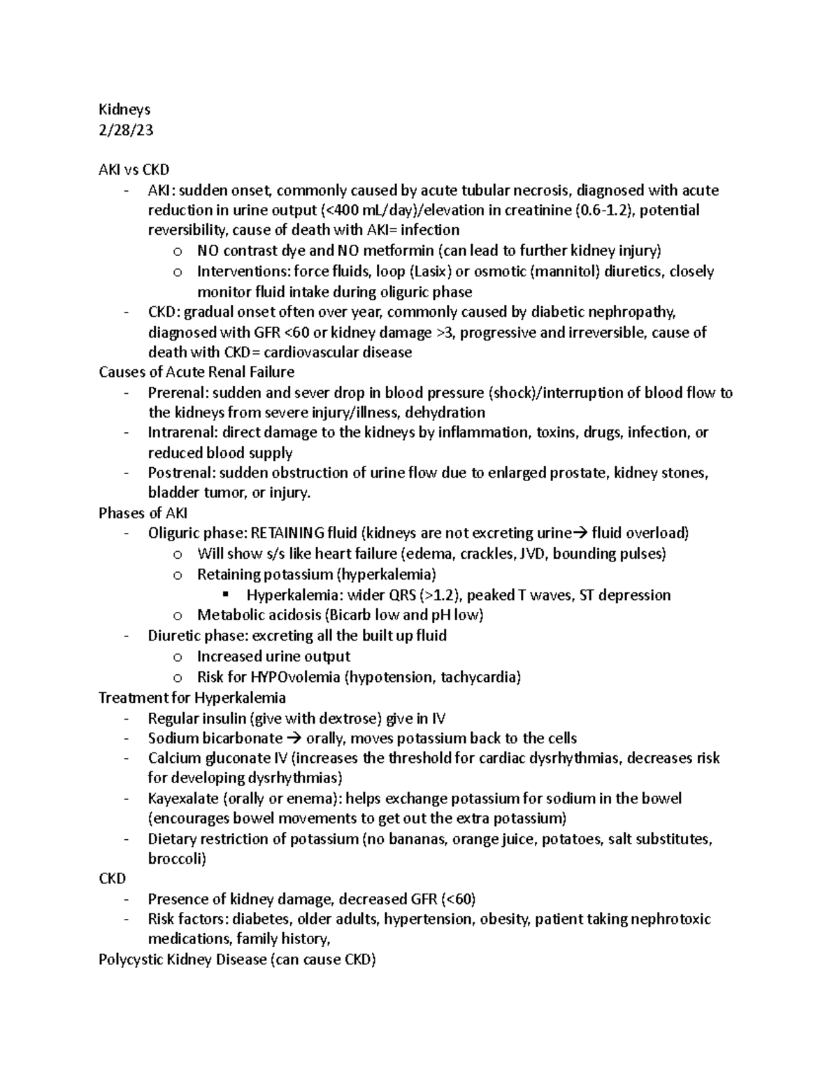 Kidneys - Lecture notes related to kidney failure. - Kidneys 2/28/ AKI ...