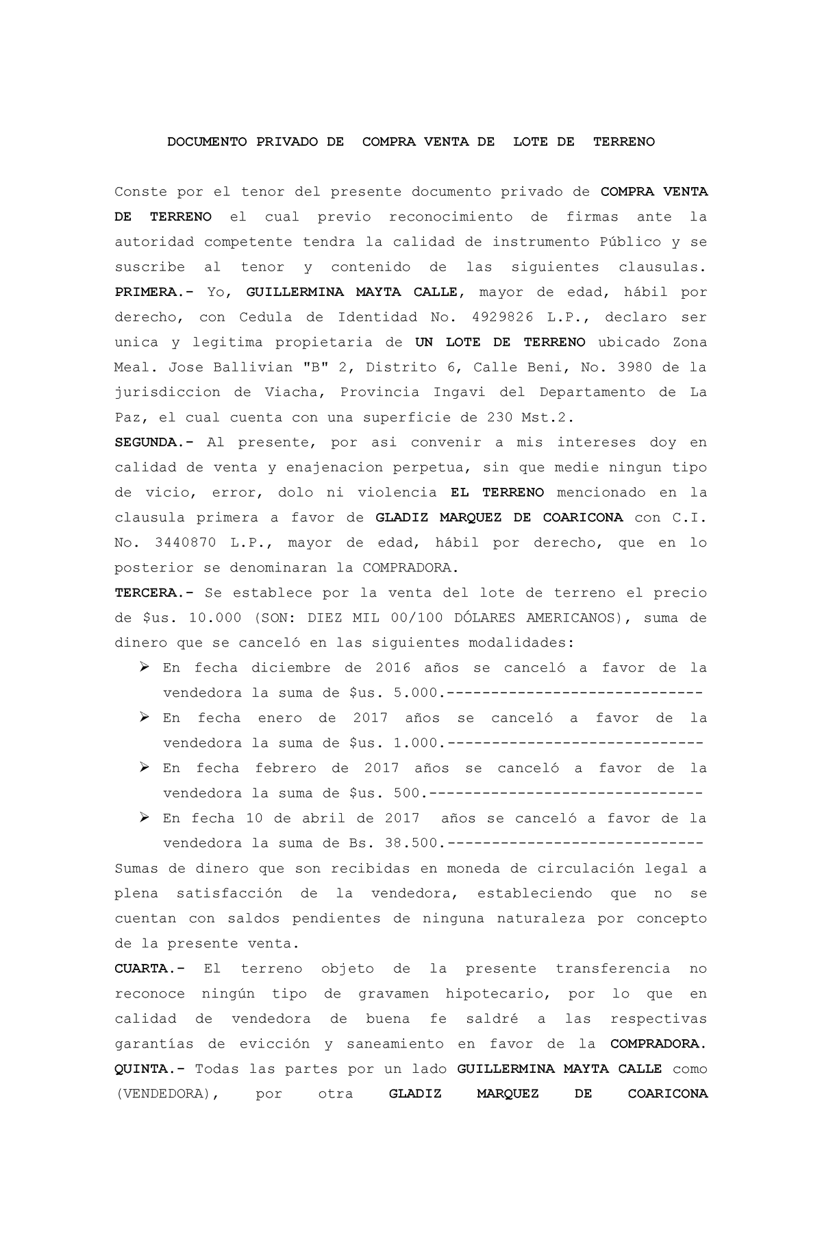 Documento Privado De Compra Venta De Lote De Terreno Documento Privado De Compra Venta De Lote 9094
