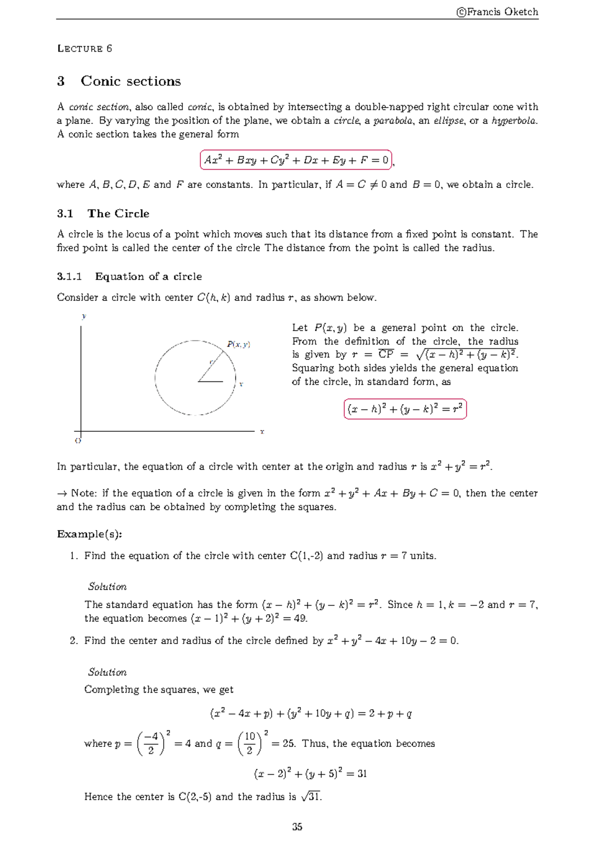 Lecture Notes (set 2) - ⃝cFrancis Oketch Lecture 6 3 Conic sections A ...