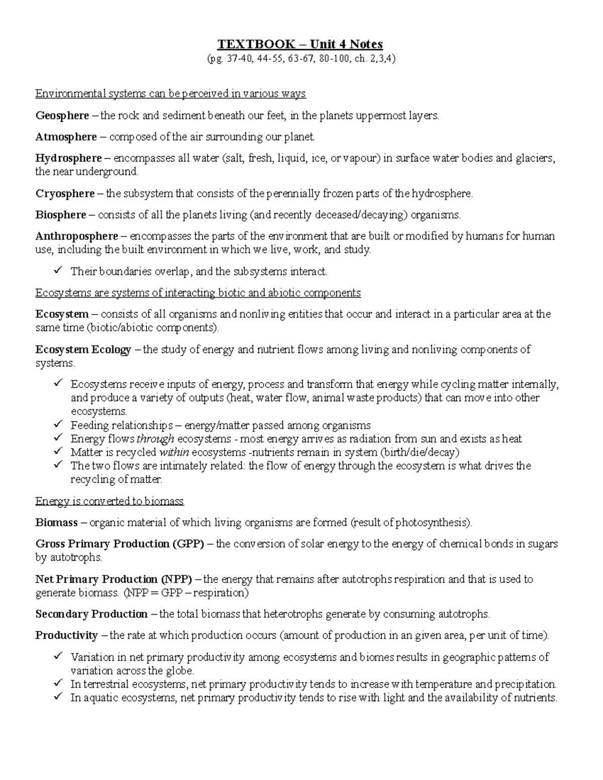 Unit 4 - Textbook Notes - TEXTBOOK – Unit 4 Notes (pg. 37-40, 44-55, 63 ...